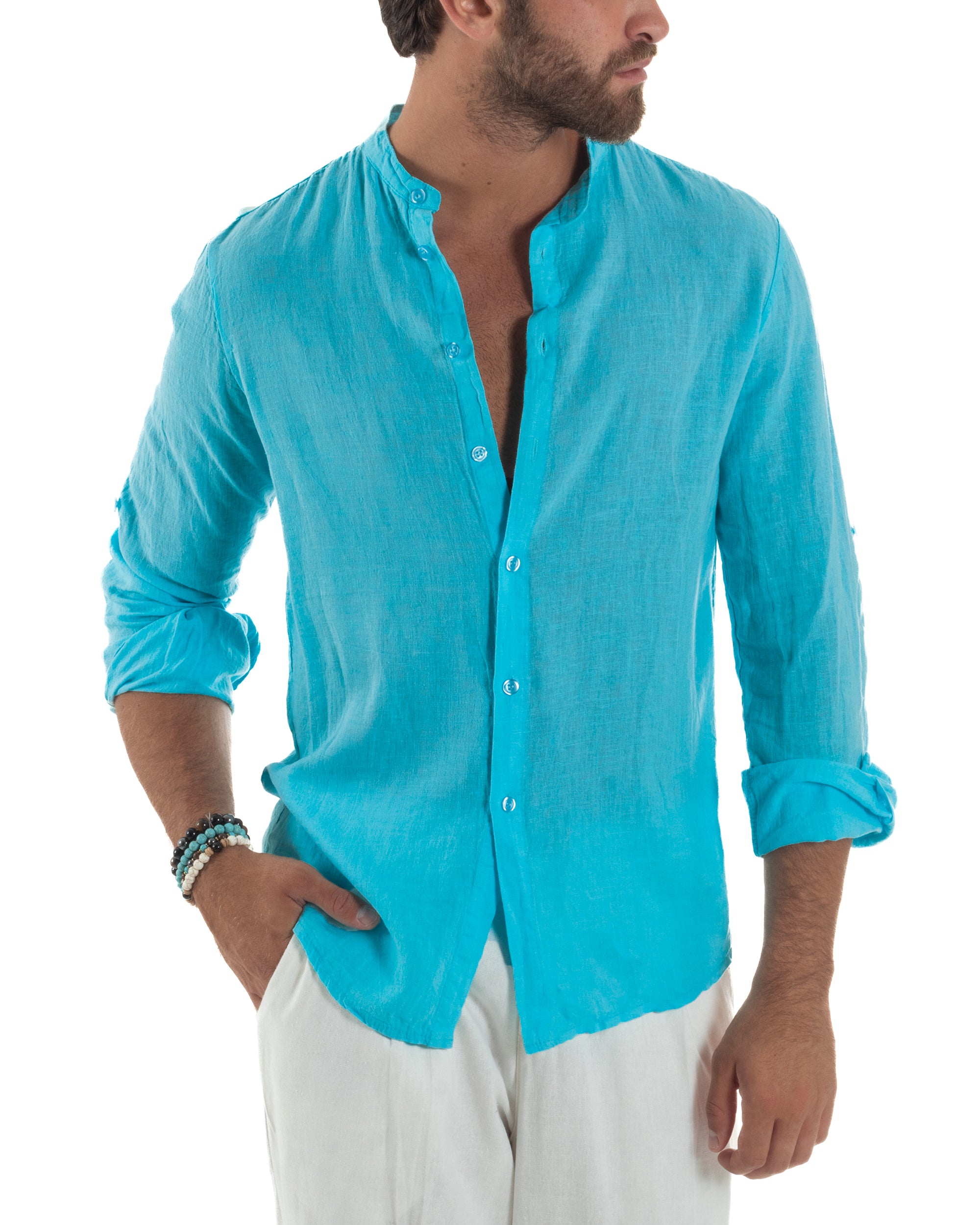 Slim-Fit-Leinenhemd mit Stehkragen, Türkis C3053A