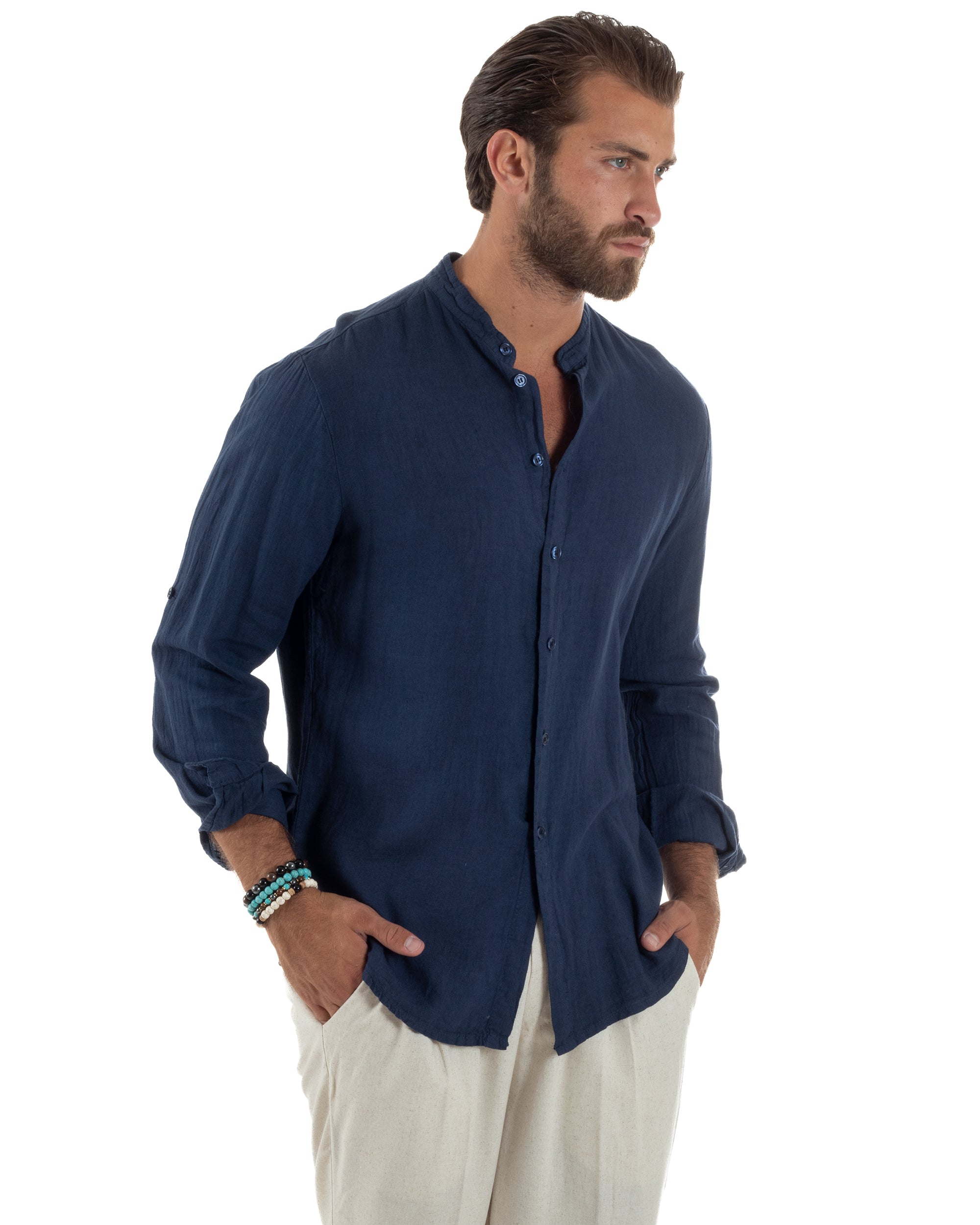 Camicia Lino Slim Fit Collo Coreano C3057A