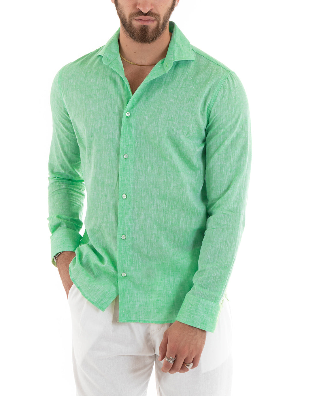 Camicia Uomo Lino Melangiata Colletto Francese Sartoriale Verde Menta
