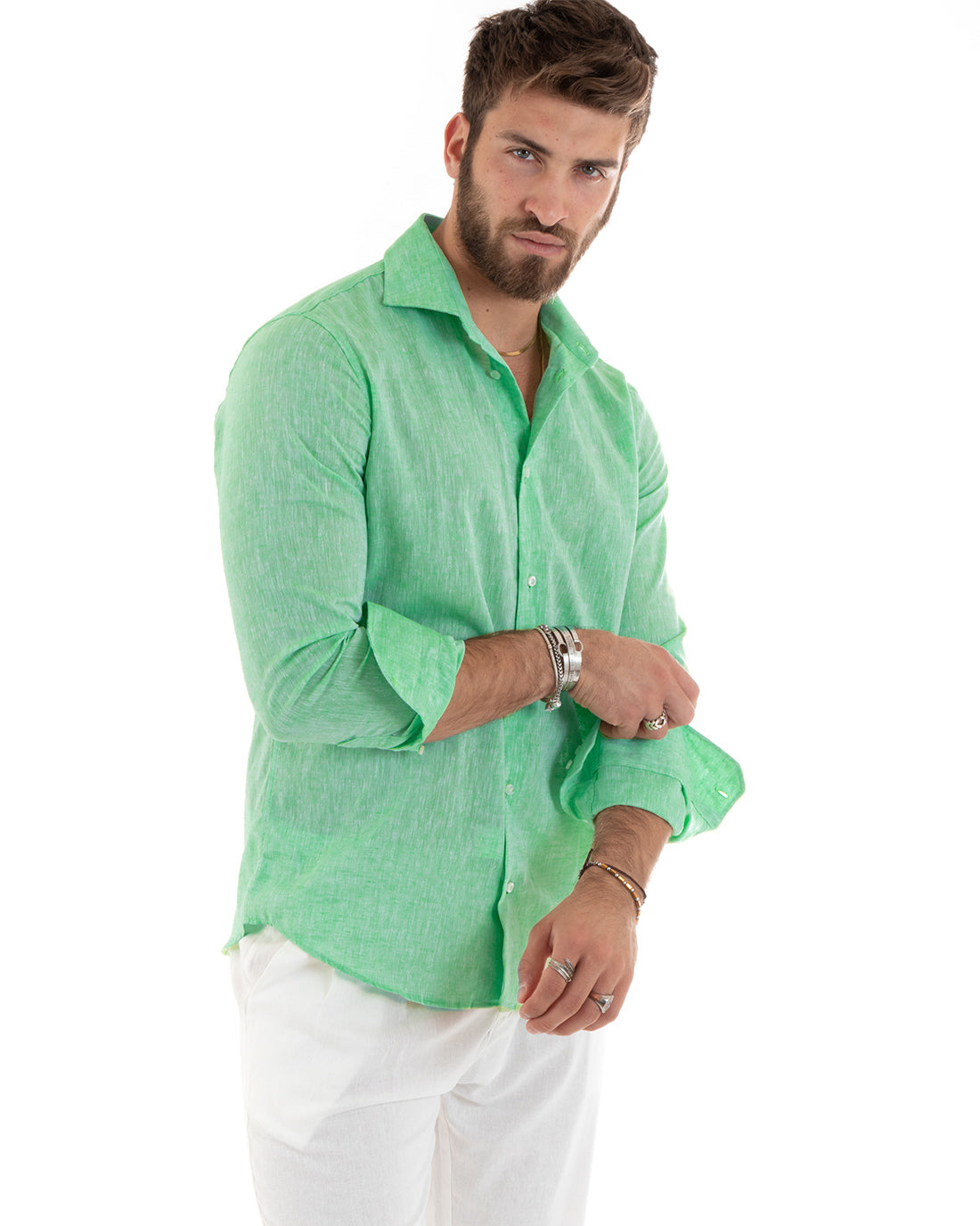 Camicia Uomo Lino Melangiata Colletto Francese Sartoriale Verde Menta GIOSAL-C3058A