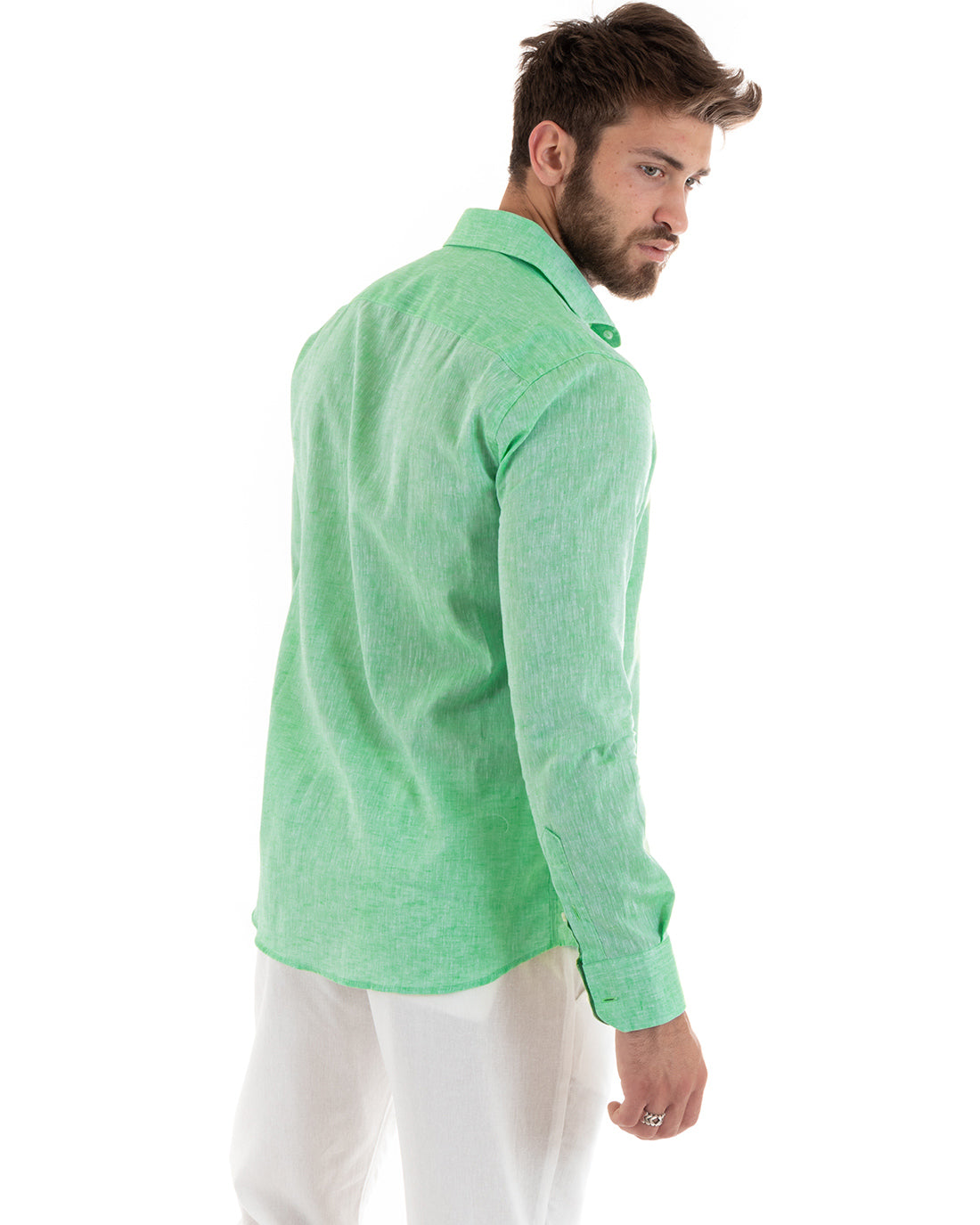 Camicia Uomo Lino Melangiata Colletto Francese Sartoriale Verde Menta GIOSAL-C3058A