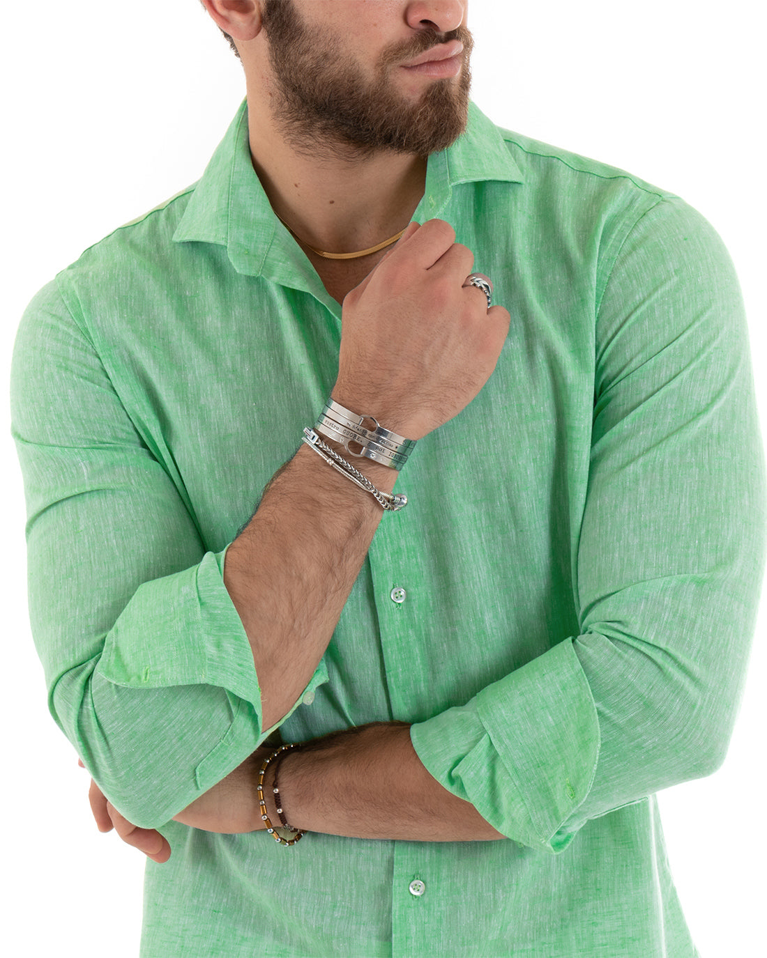 Camicia Uomo Lino Melangiata Colletto Francese Sartoriale Verde Menta GIOSAL-C3058A