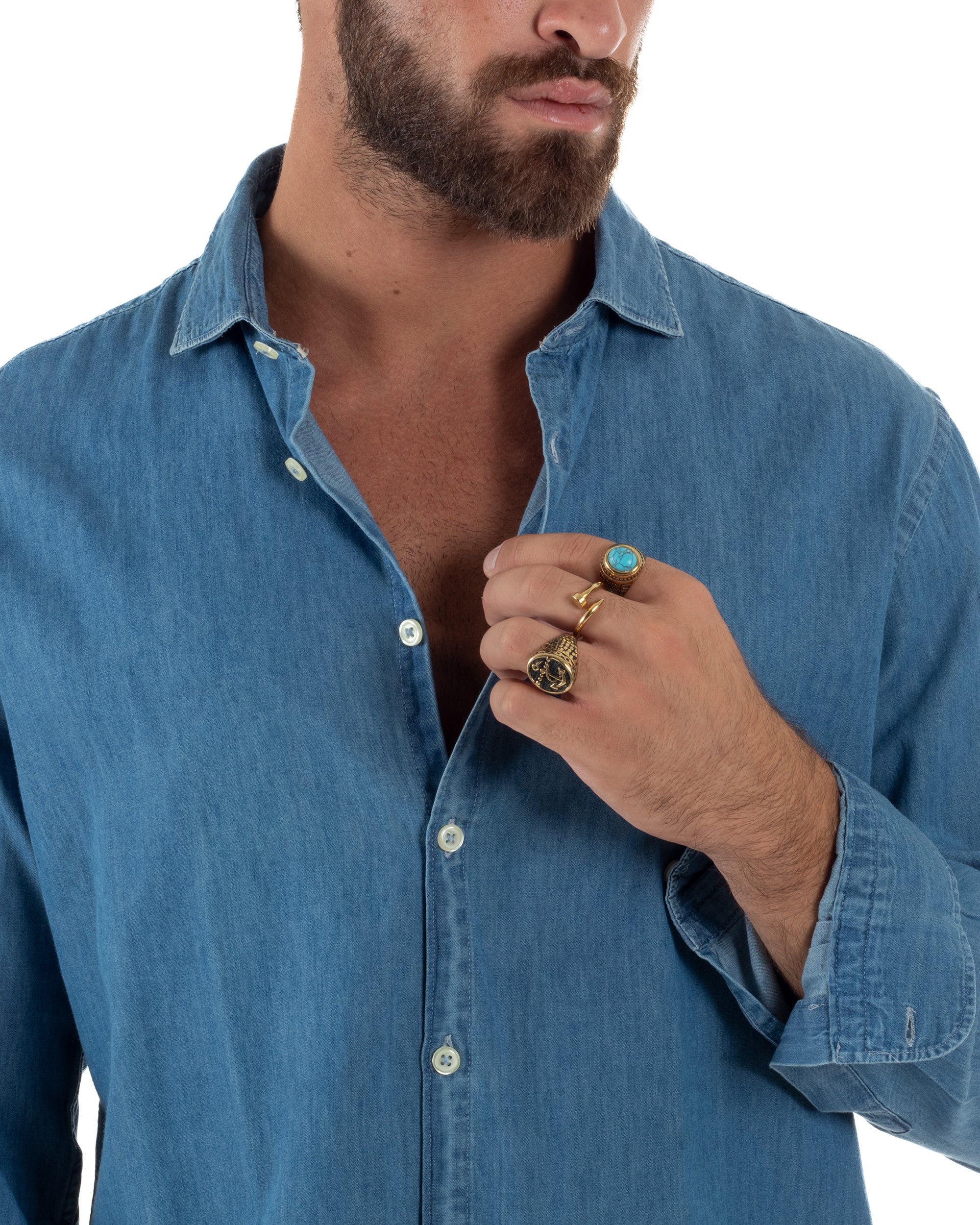 Camicia Jeans Colletto Francese Cotone Denim BlackSunday C3060A