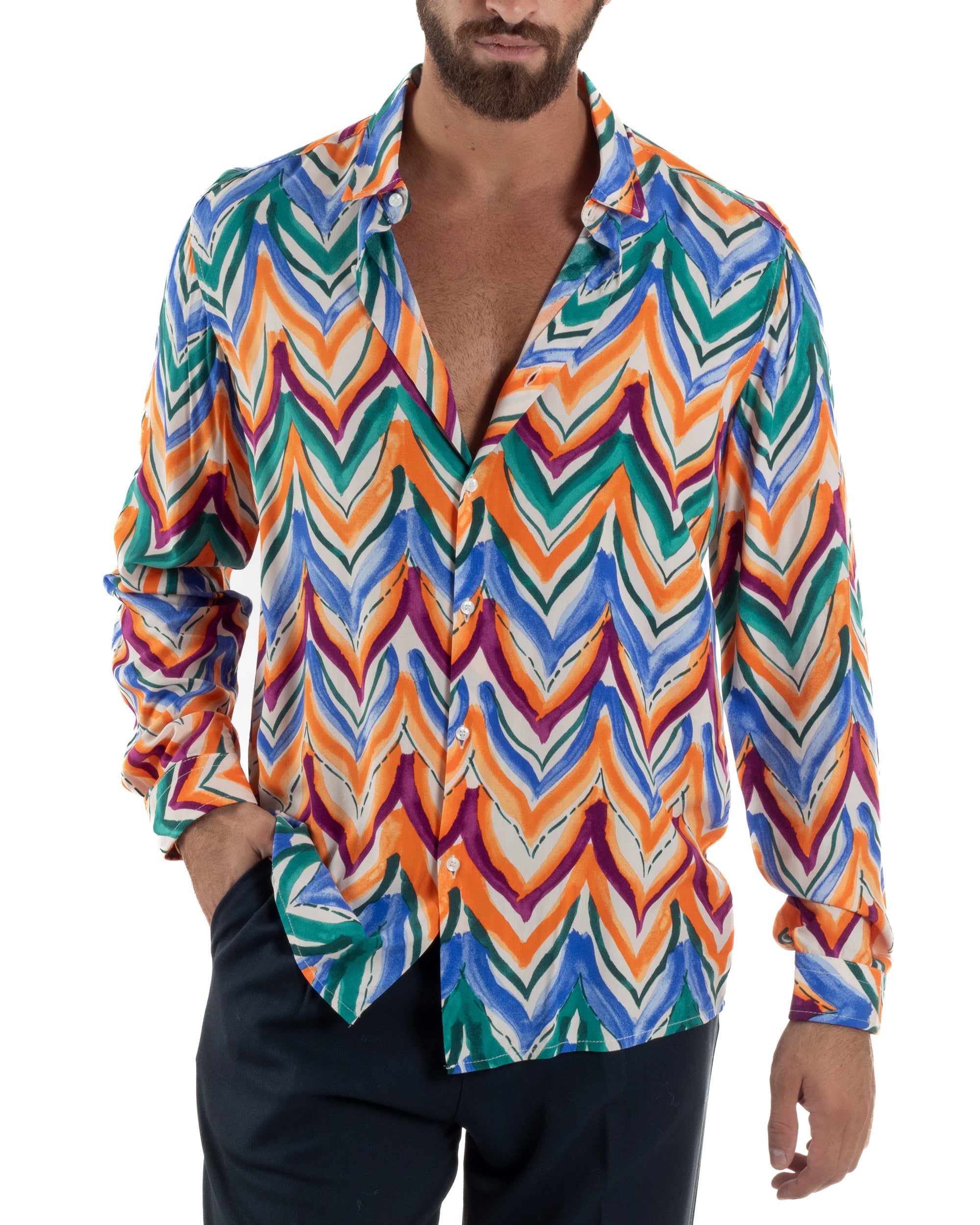 Camicia Uomo Colletto Viscosa Fantasia Multicolore BlackSunday C3061A