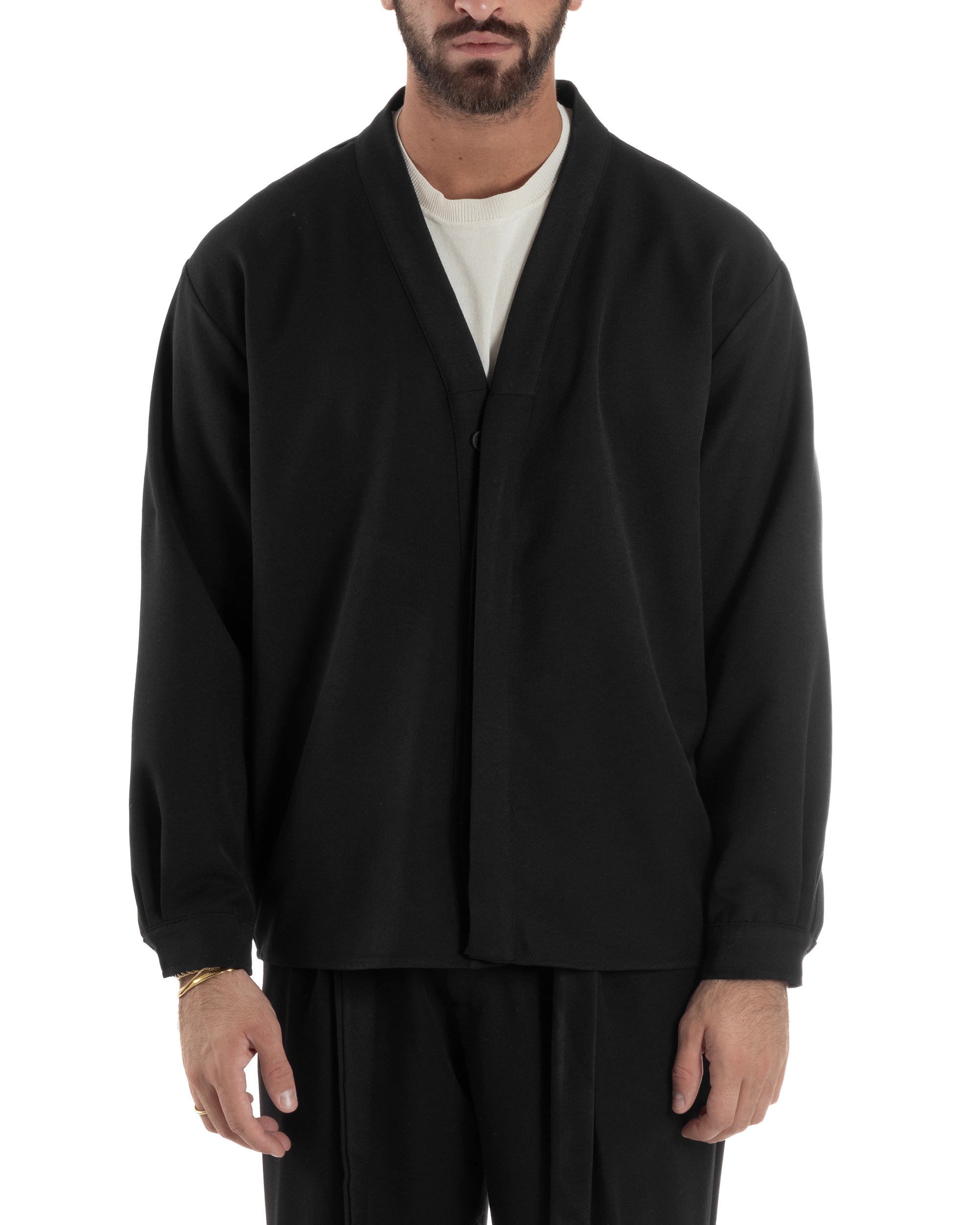 Camicia Uomo Viscosa Relaxed Fit Scollo V Nero C3062A