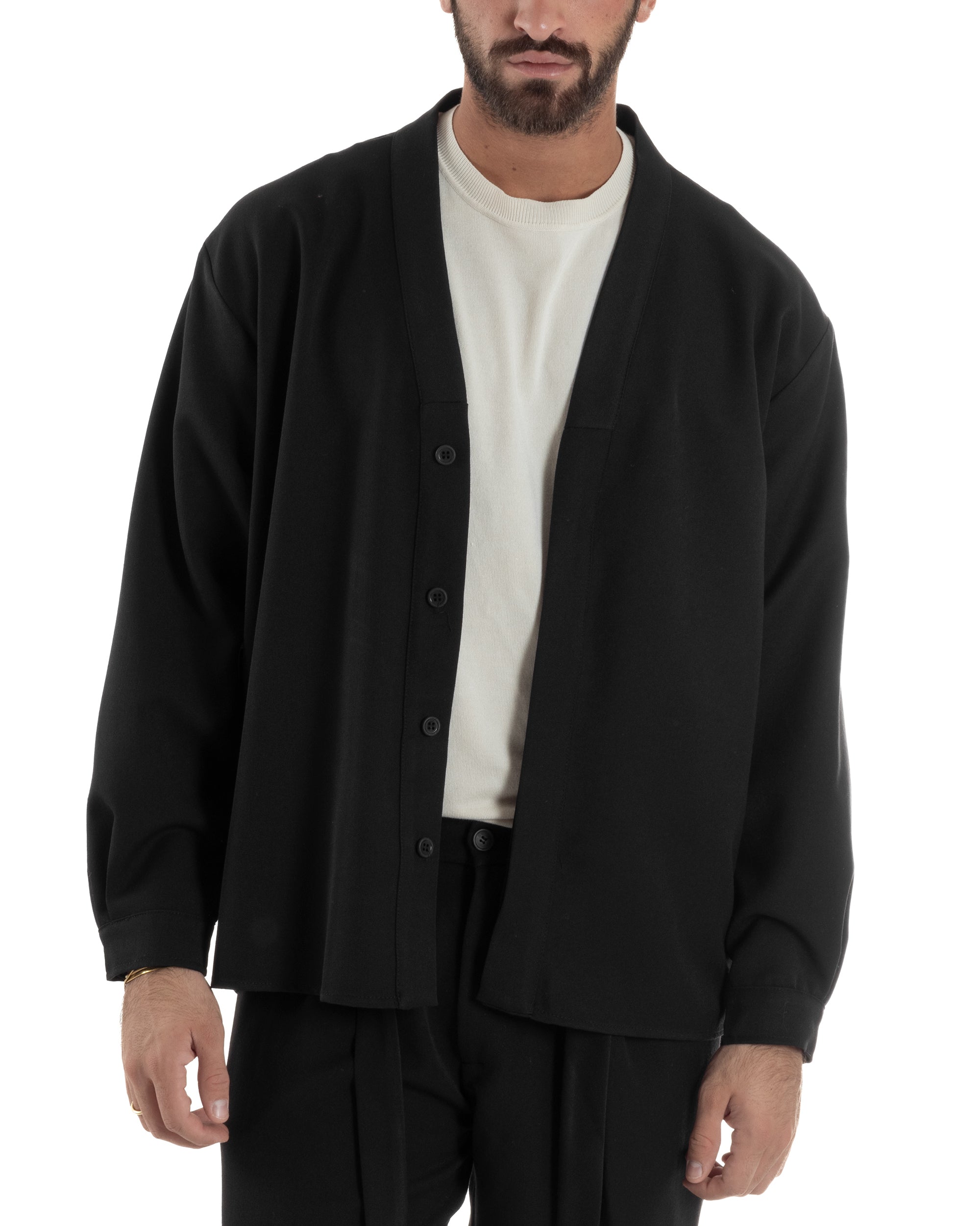 Camicia Uomo Viscosa Relaxed Fit Scollo V Nero C3062A