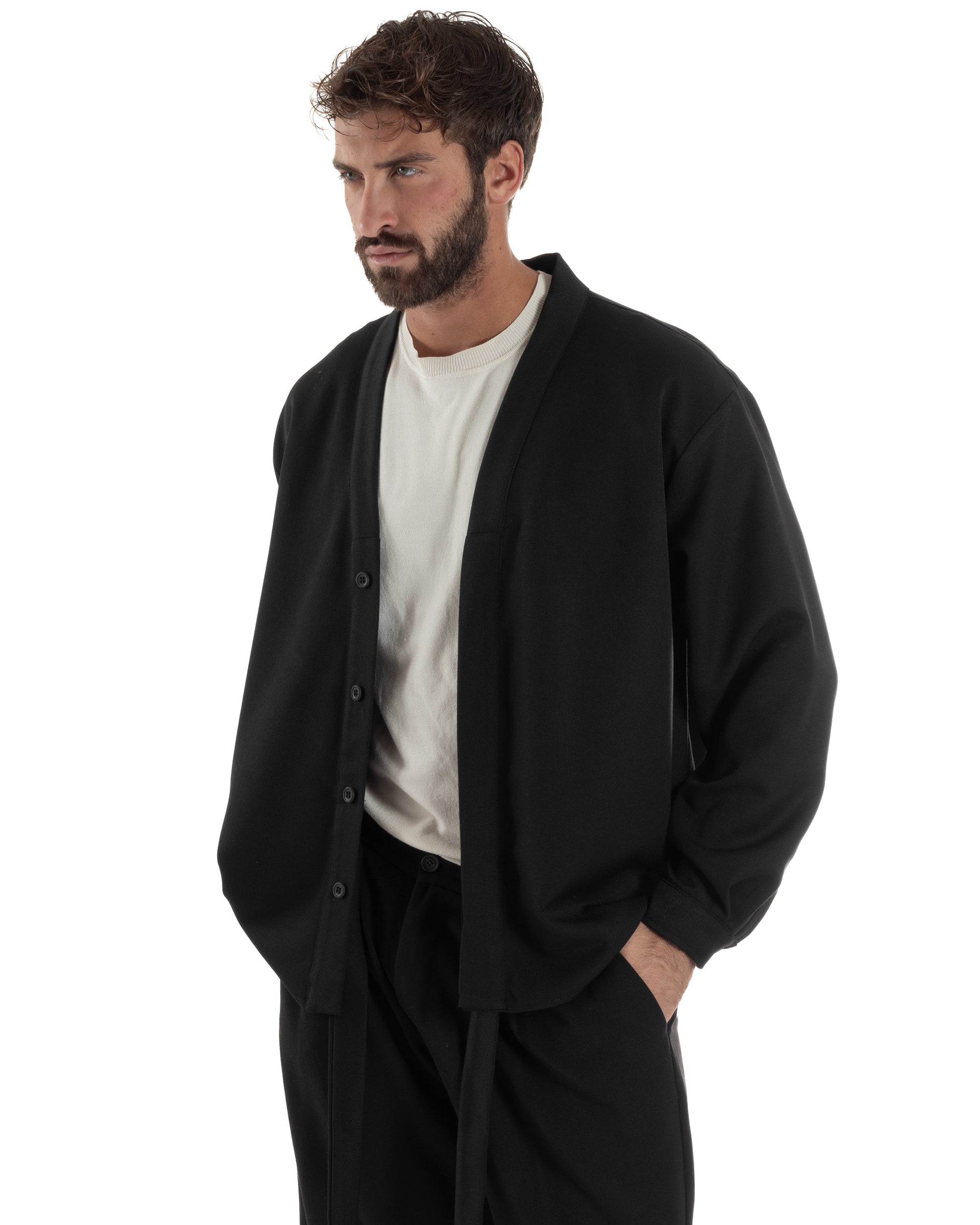 Camicia Uomo Viscosa Relaxed Fit Scollo V Nero C3062A