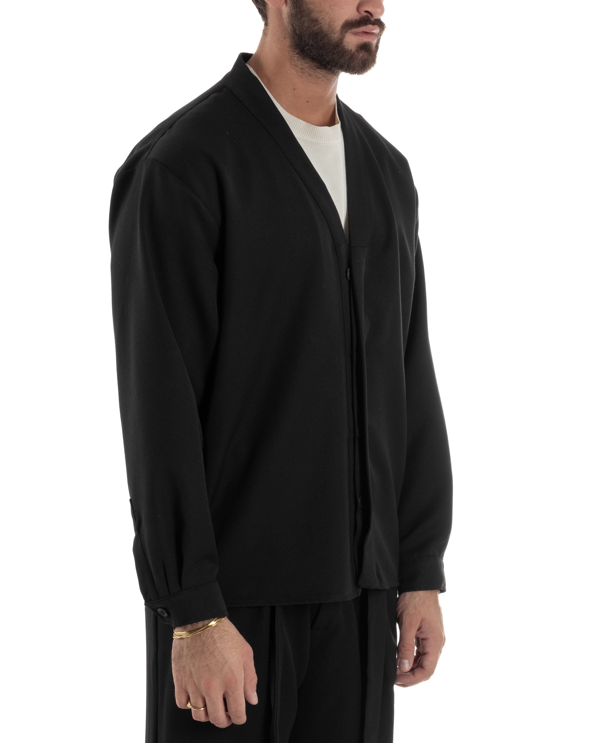 Camicia Uomo Viscosa Relaxed Fit Scollo V Nero C3062A