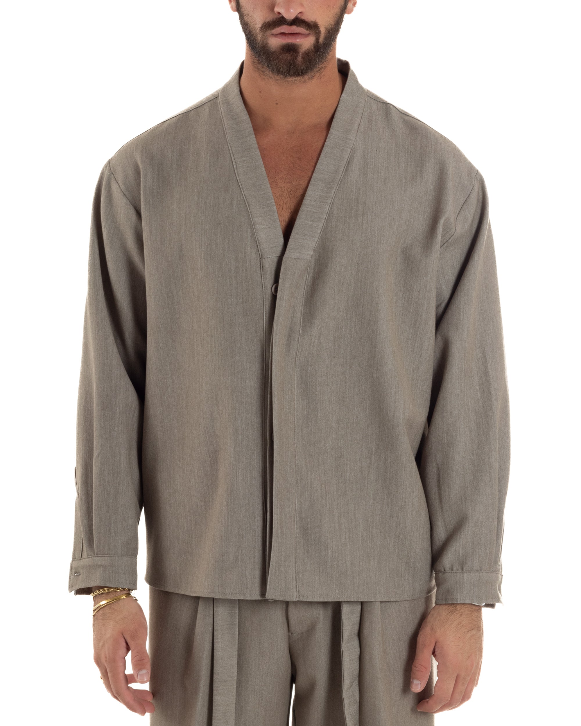 Camicia Uomo Viscosa Relaxed Fit Scollo V Fango C3063A