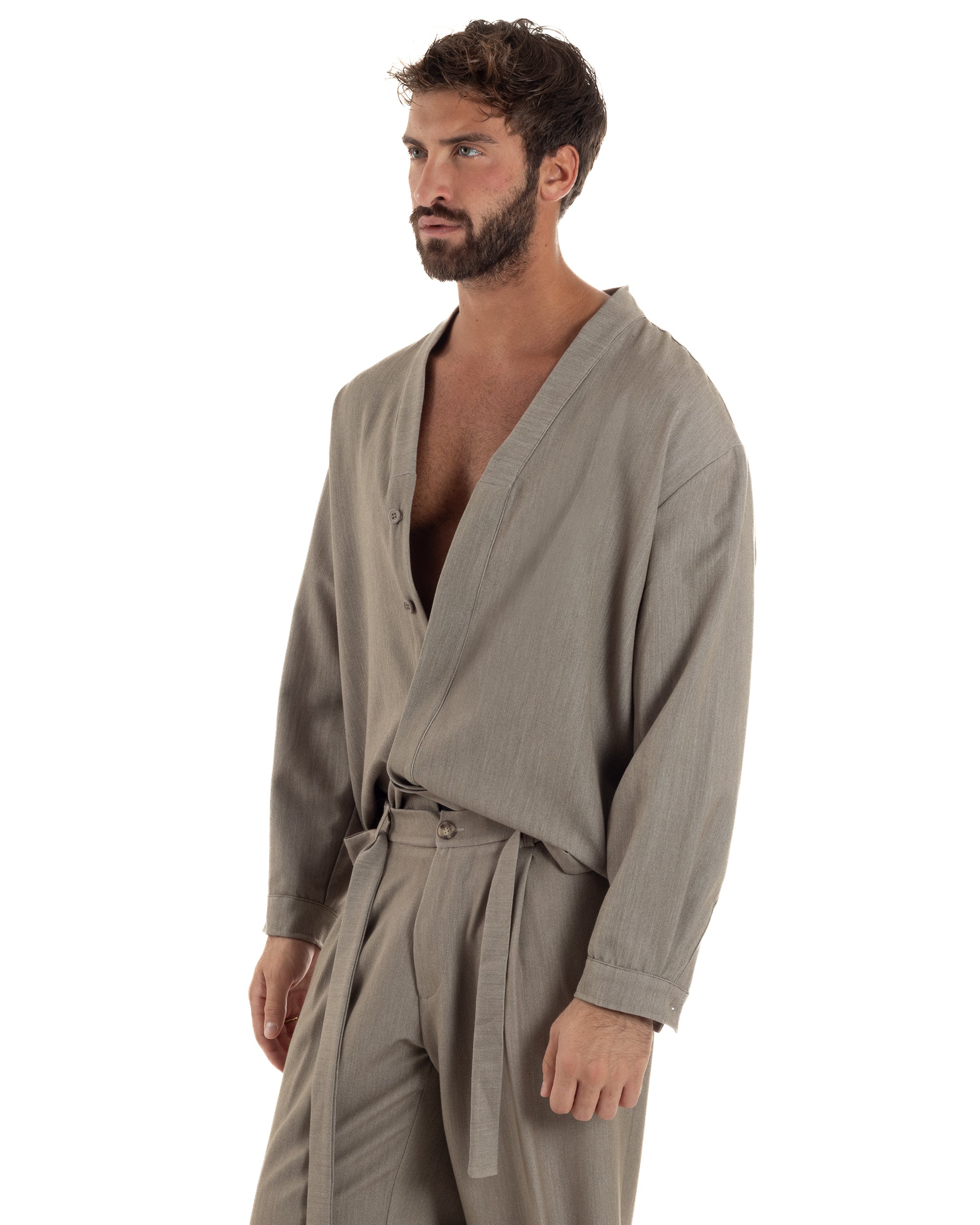 Camicia Uomo Viscosa Relaxed Fit Scollo V Fango C3063A