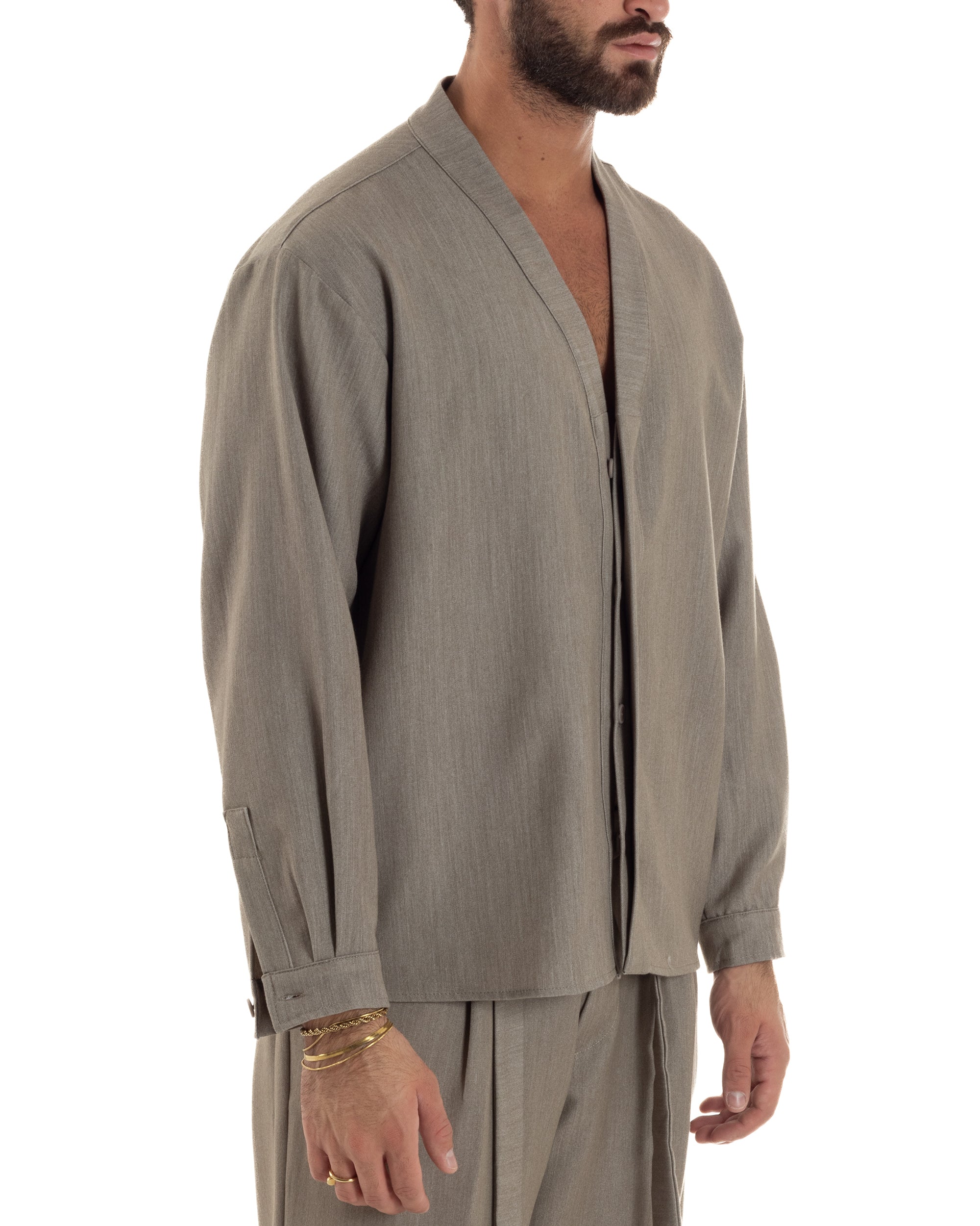 Camicia Uomo Viscosa Relaxed Fit Scollo V Fango C3063A