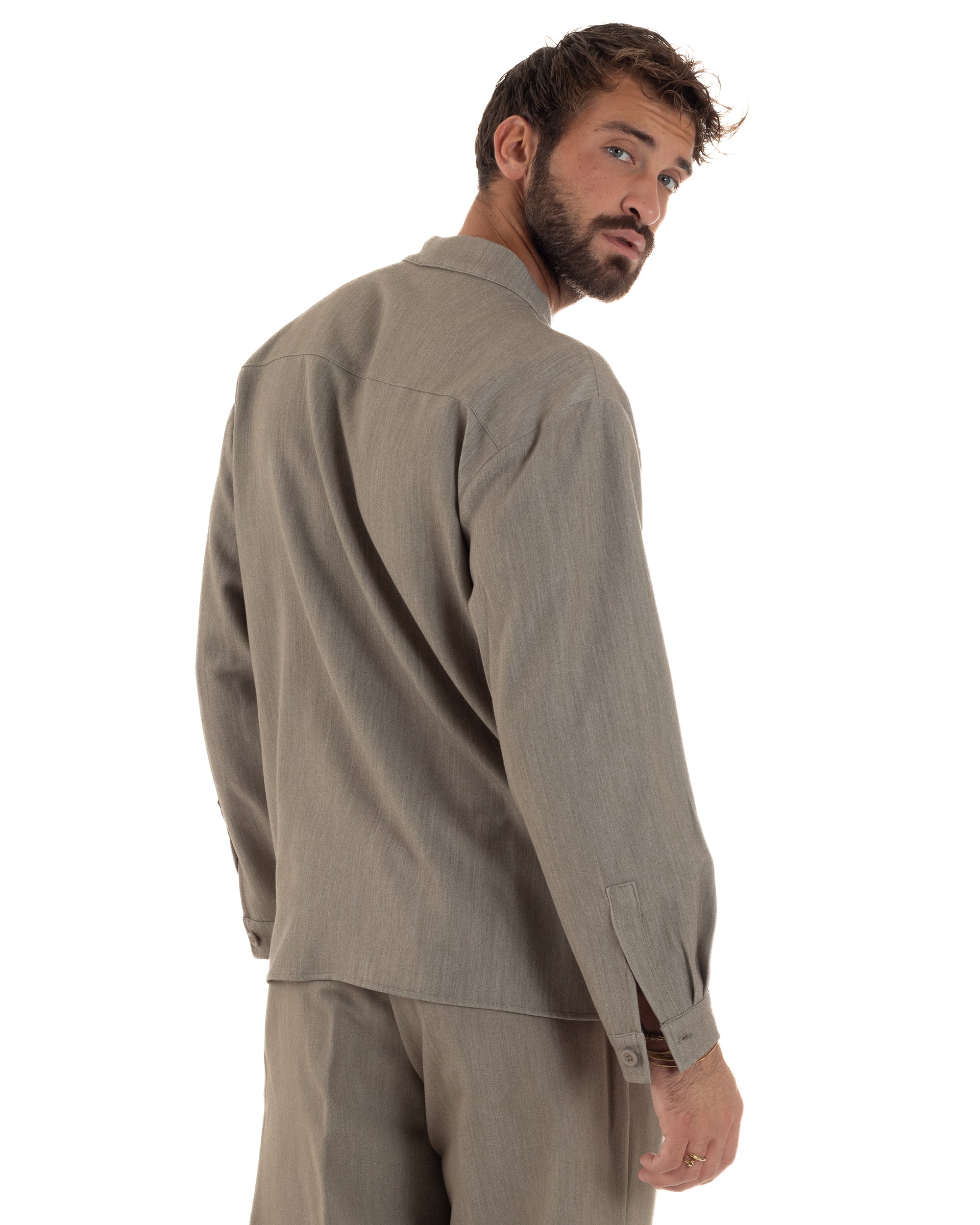 Camicia Uomo Viscosa Relaxed Fit Scollo V Fango C3063A