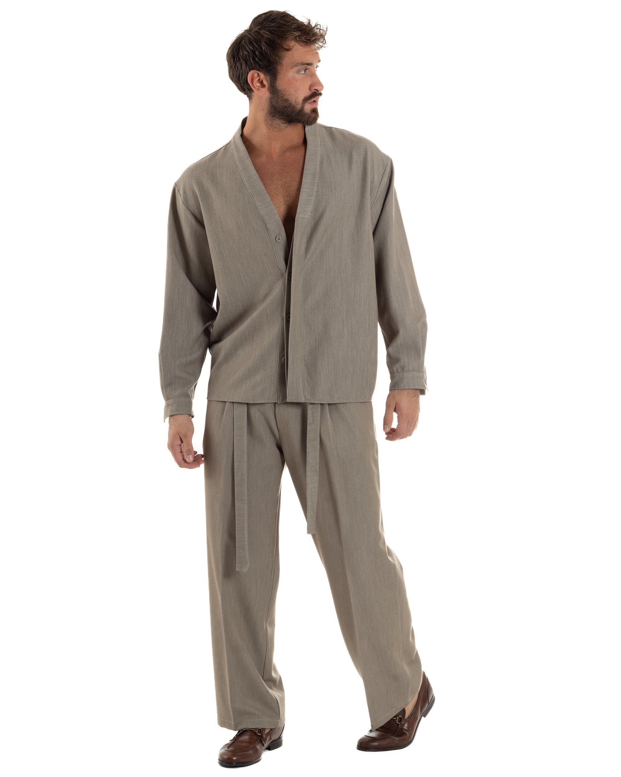 Camicia Uomo Viscosa Relaxed Fit Scollo V Fango C3063A