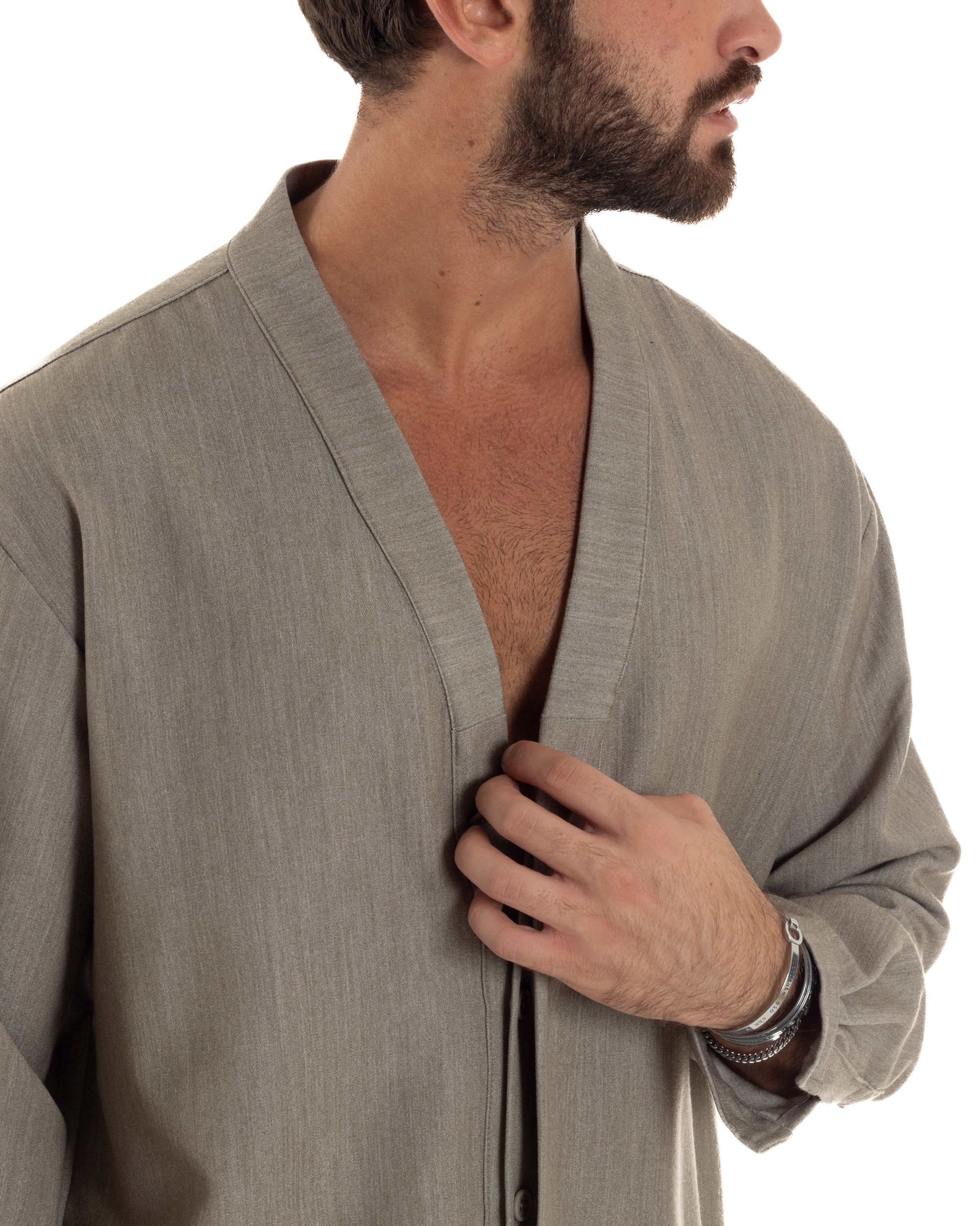 Camicia Uomo Viscosa Relaxed Fit Scollo V Fango C3063A