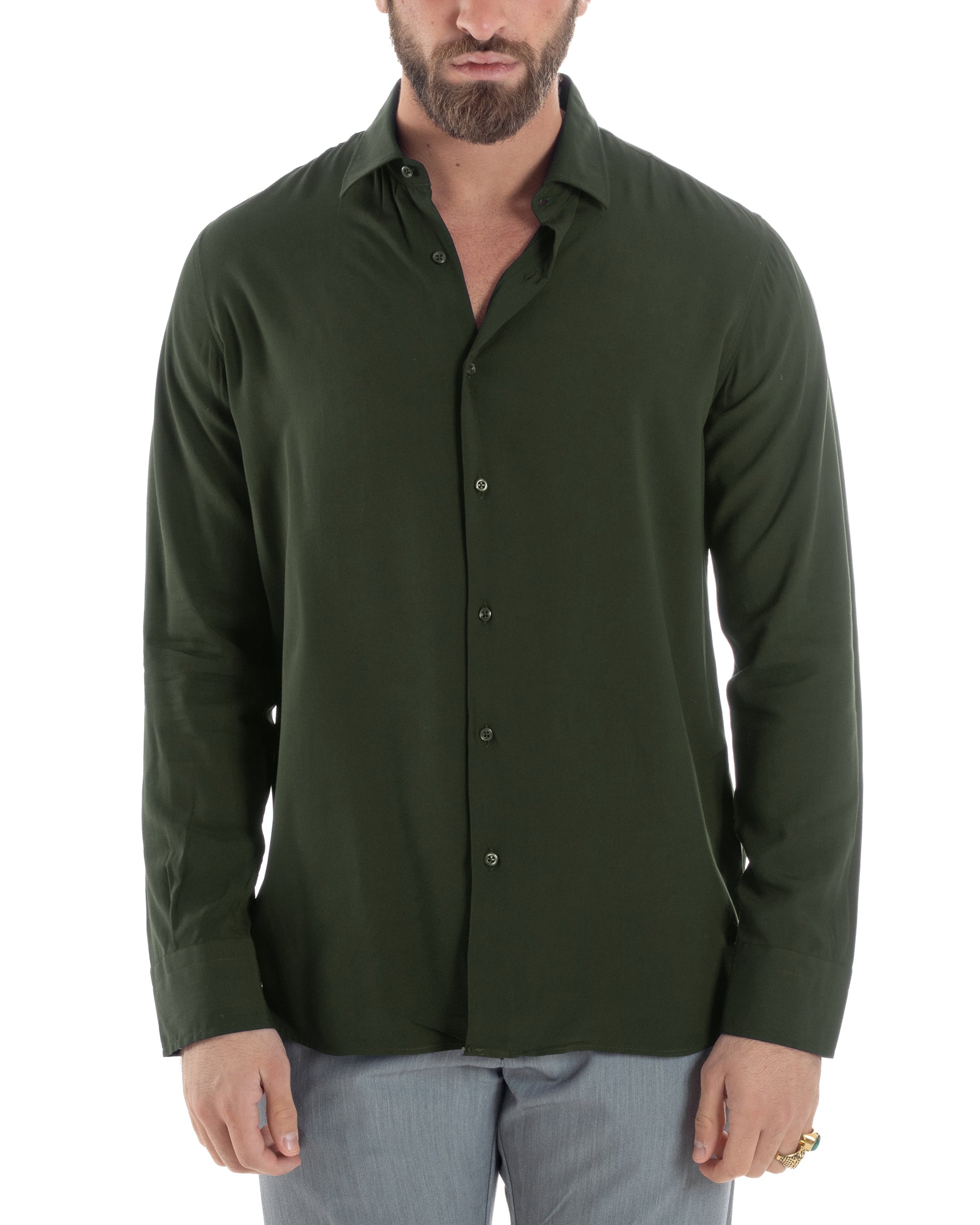 Vista completa camicia uomo verde viscosa 100% relaxed fit made in Italy