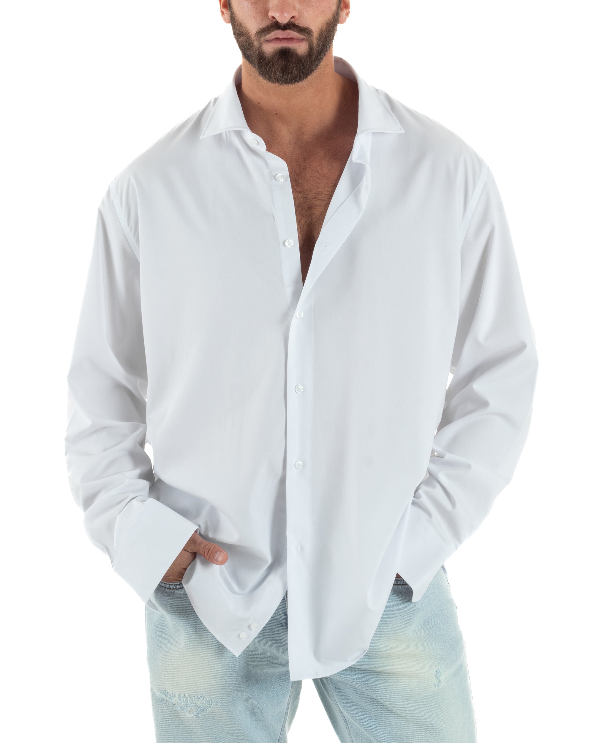 Camicia uomo bianco oversize loose fit colletto italiano punta lunga spalle dropped