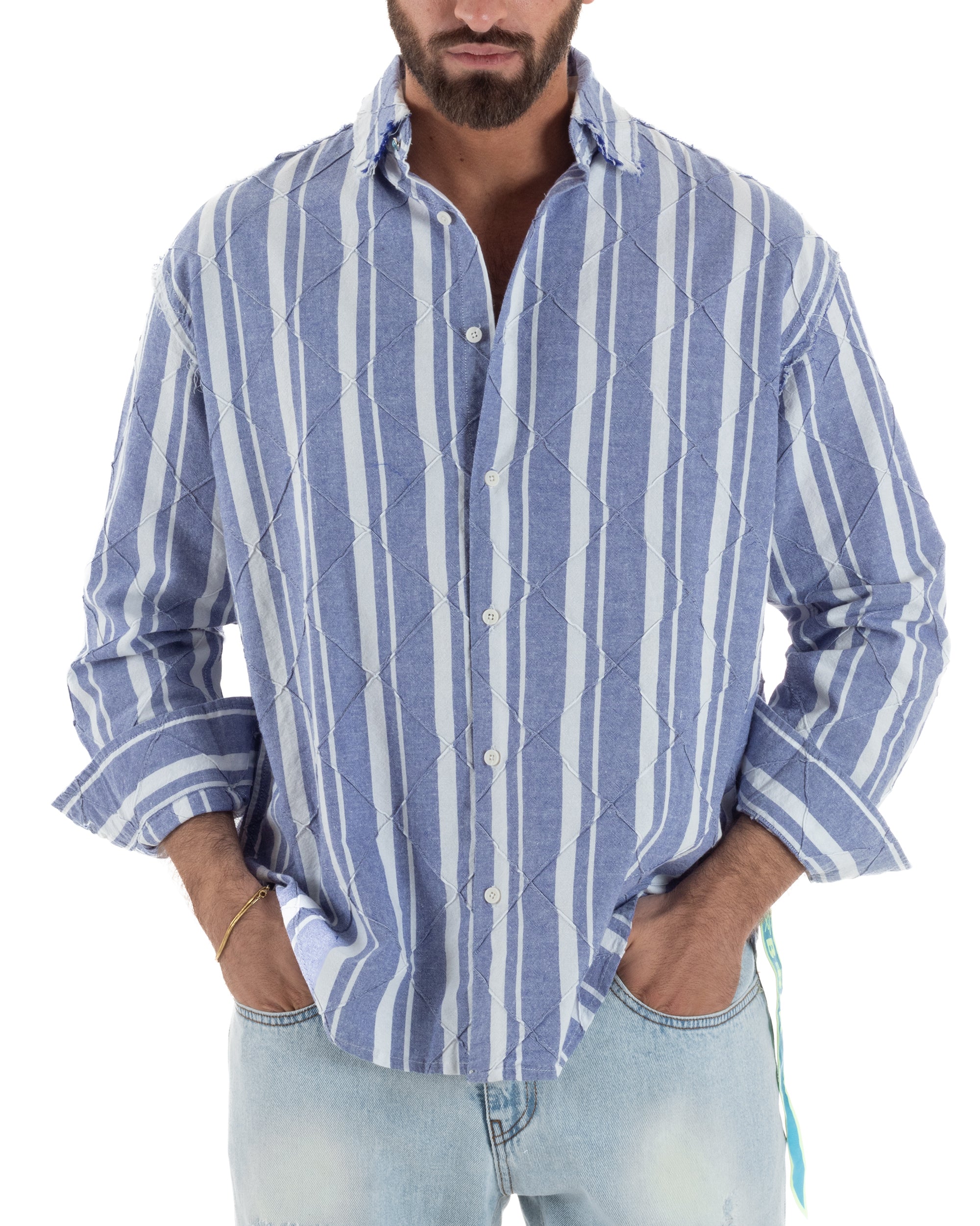 Camicia uomo boxy-fit colletto oxford cuciture losanghe rigata blu BERNA M-261233