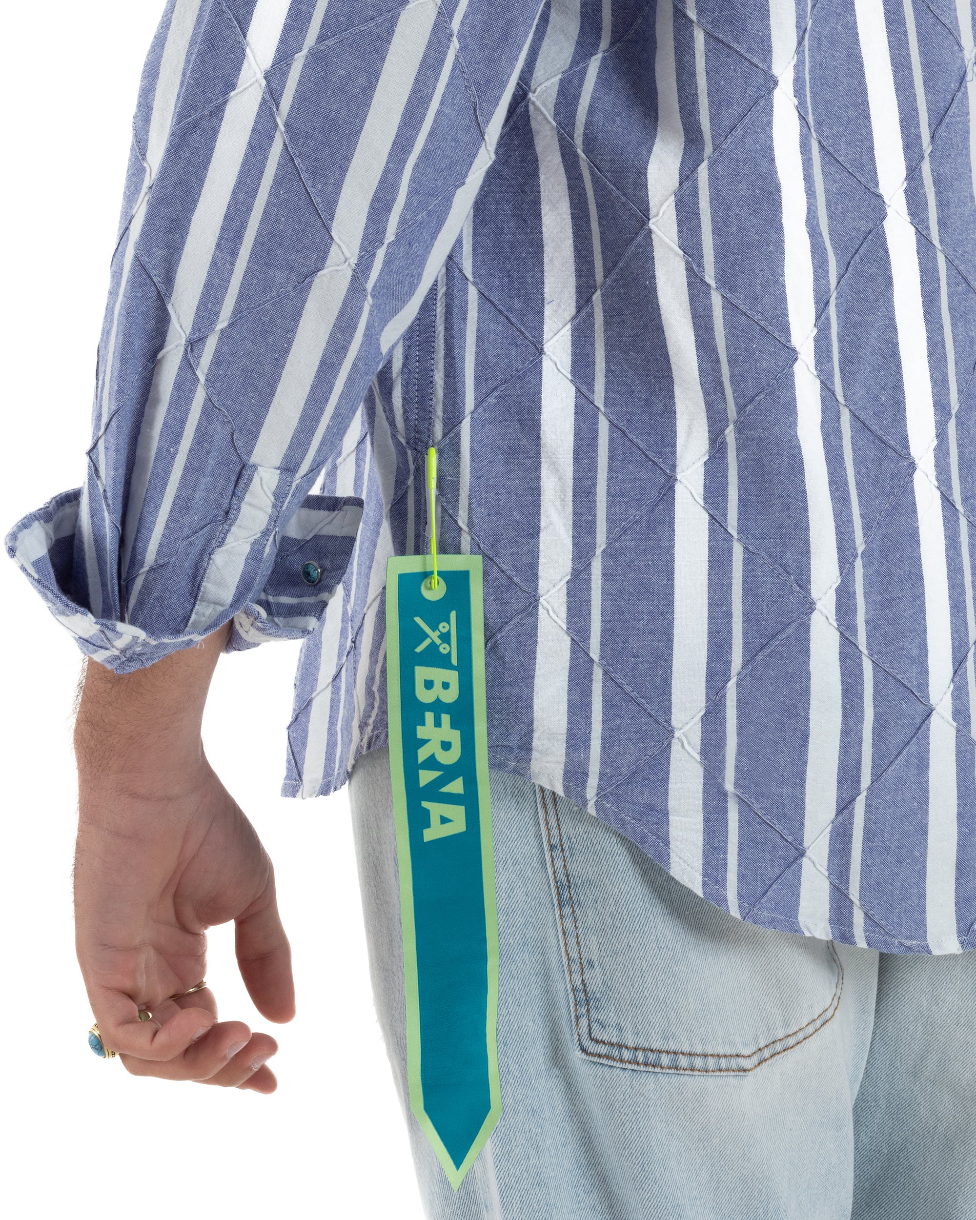 Camicia uomo boxy-fit colletto oxford cuciture losanghe rigata blu BERNA M-261233