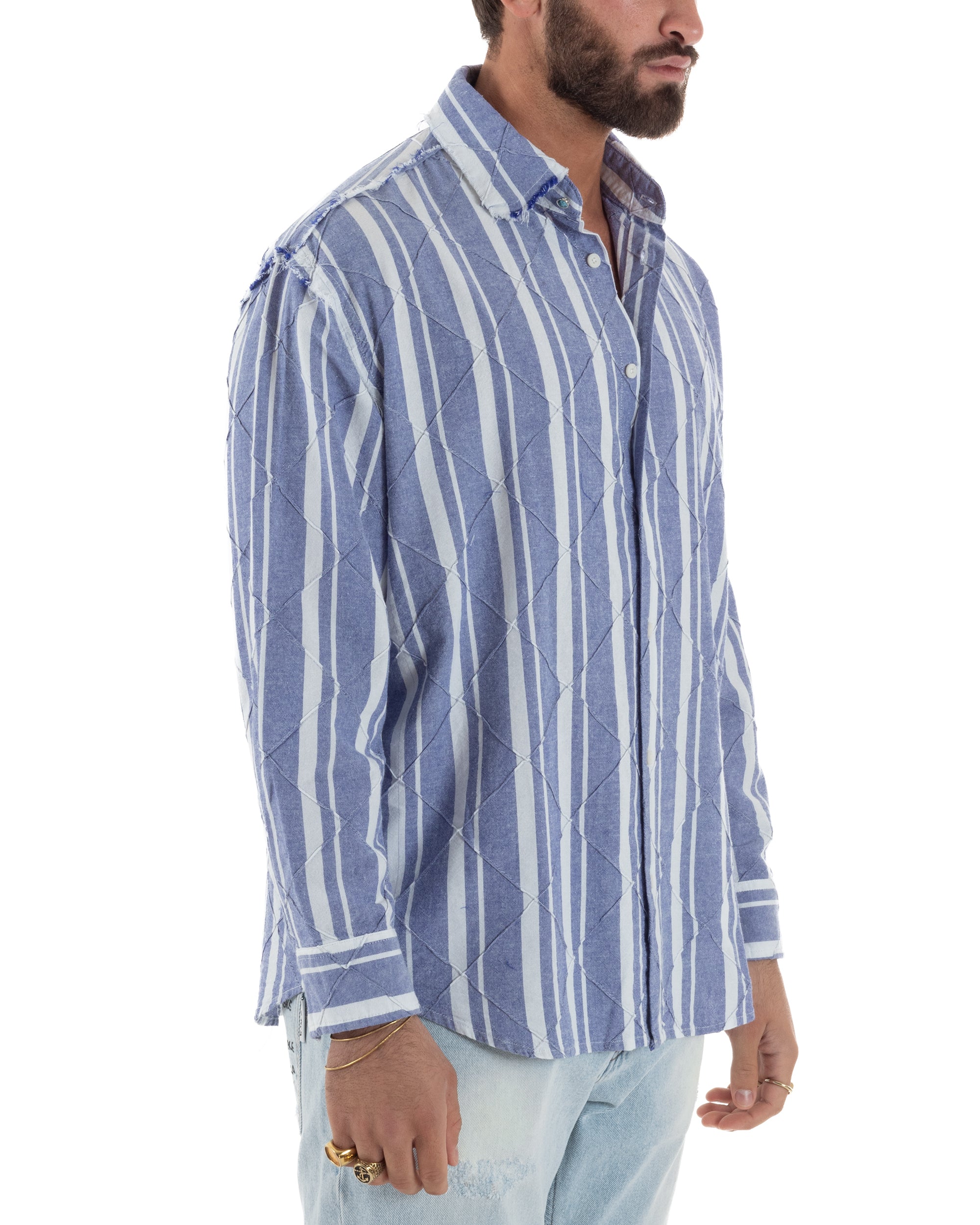Camicia uomo boxy-fit colletto oxford cuciture losanghe rigata blu BERNA M-261233