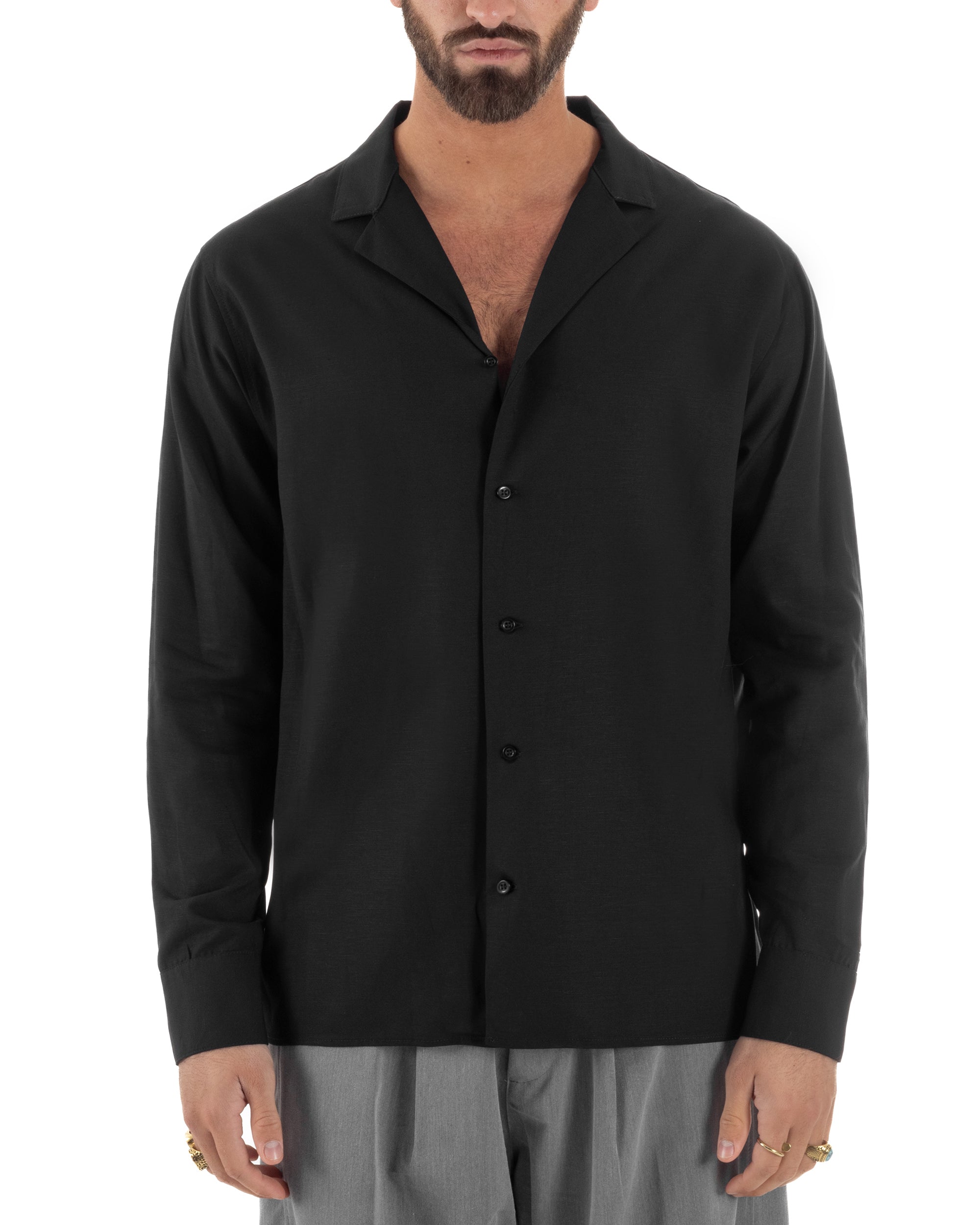 Camicia uomo nero oversize colletto rever aperto maniche lunghe viscosa lino Berna