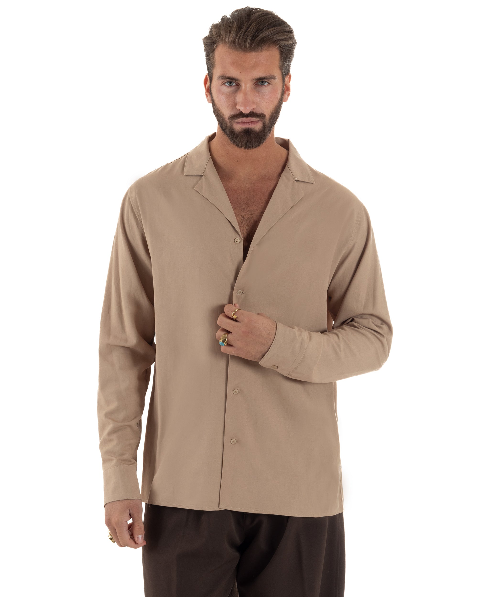 Camicia uomo oversize lino collo bowling relaxed fit scollo v camel BERNA M-261223