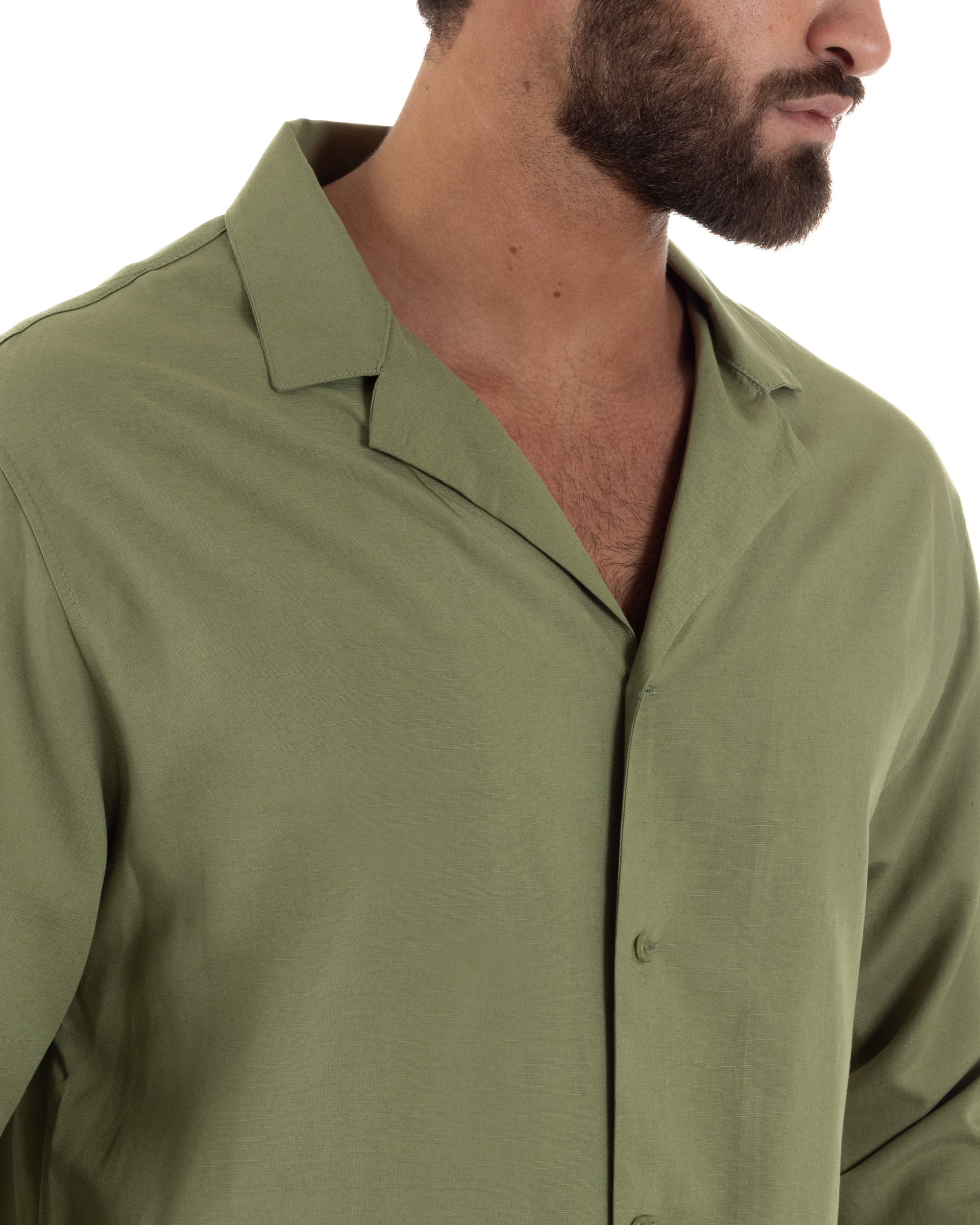 Camicia uomo oversize lino collo bowling relaxed fit scollo v verde oliva BERNA M-261223