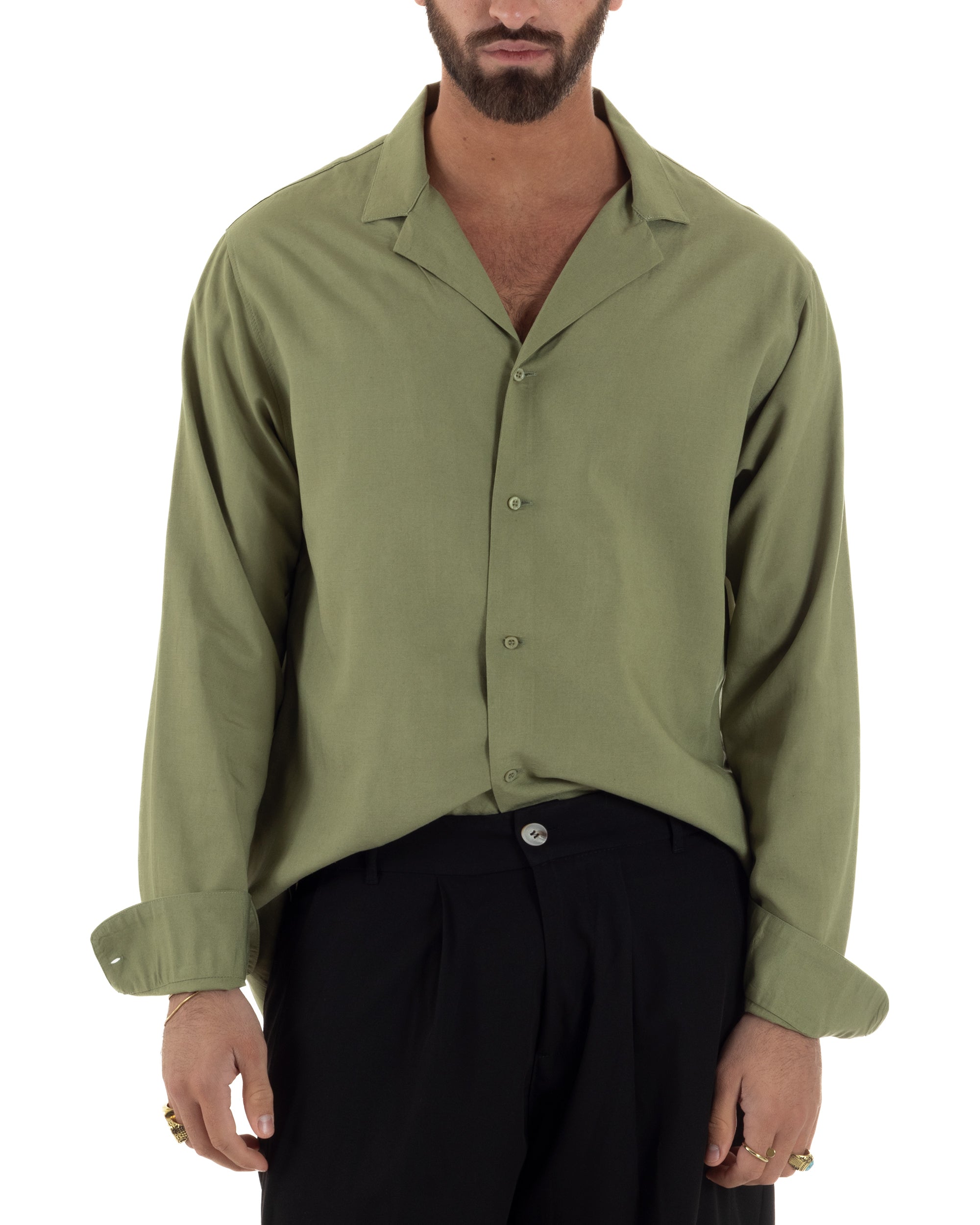 Camicia uomo oversize lino collo bowling relaxed fit scollo v verde oliva BERNA M-261223