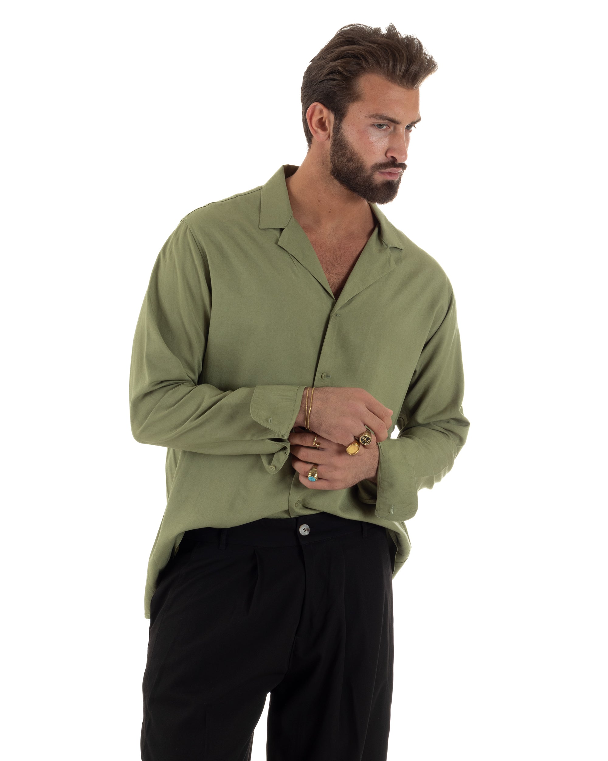 Camicia uomo oversize lino collo bowling relaxed fit scollo v verde oliva BERNA M-261223