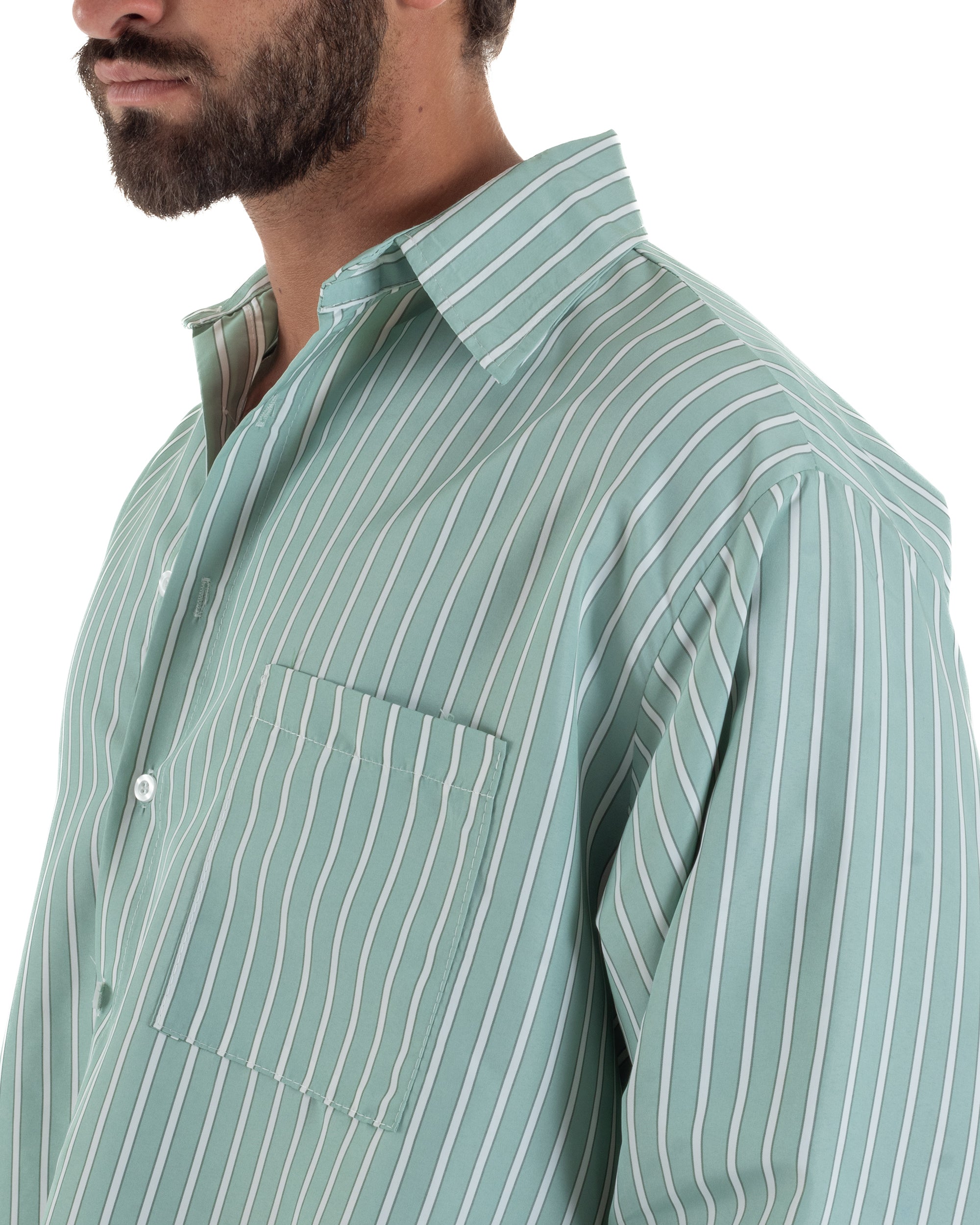 Camicia uomo unisex crop long sleeve boxy fit rigata verde GIOSAL-C3079A