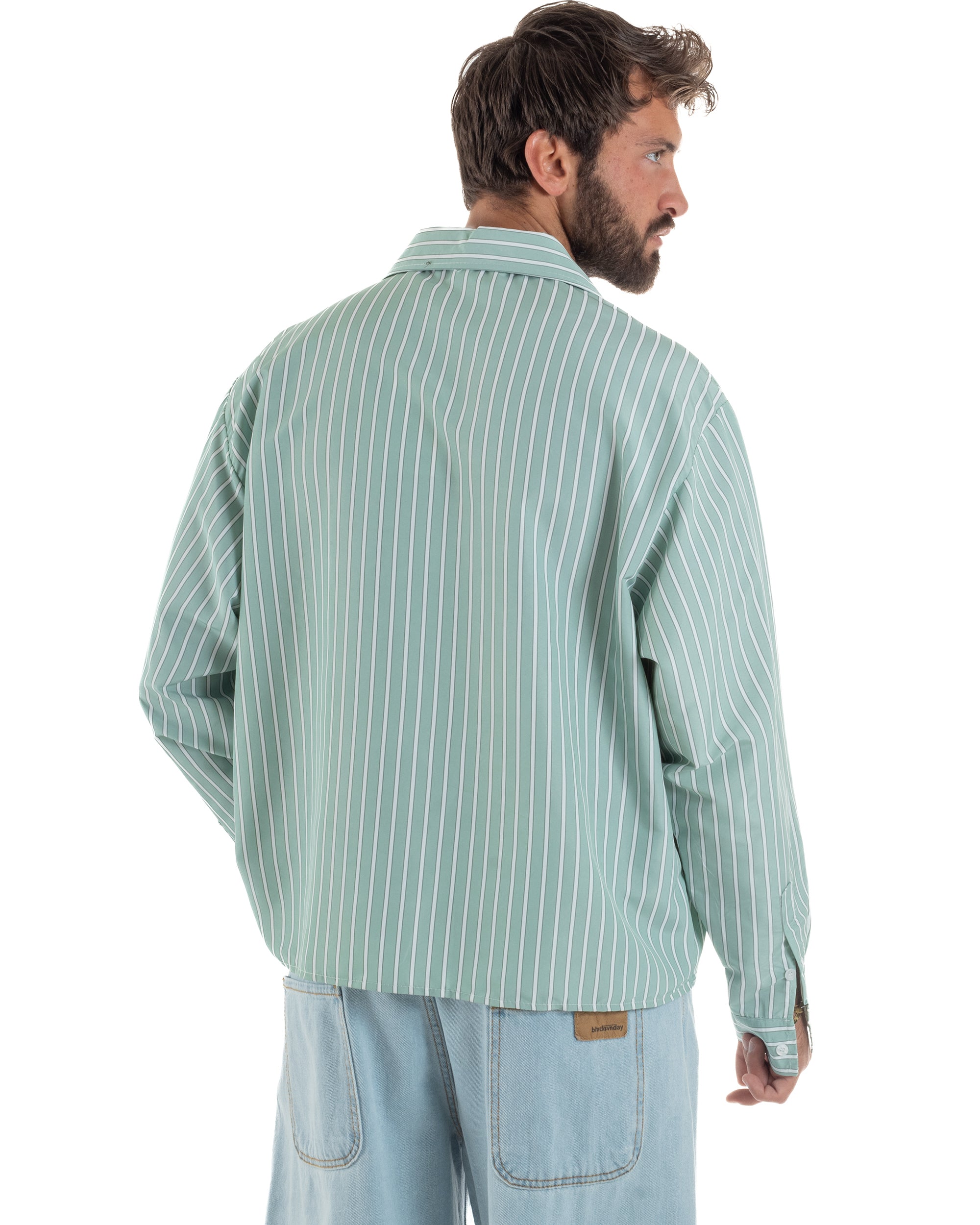 Camicia uomo unisex crop long sleeve boxy fit rigata verde GIOSAL-C3079A