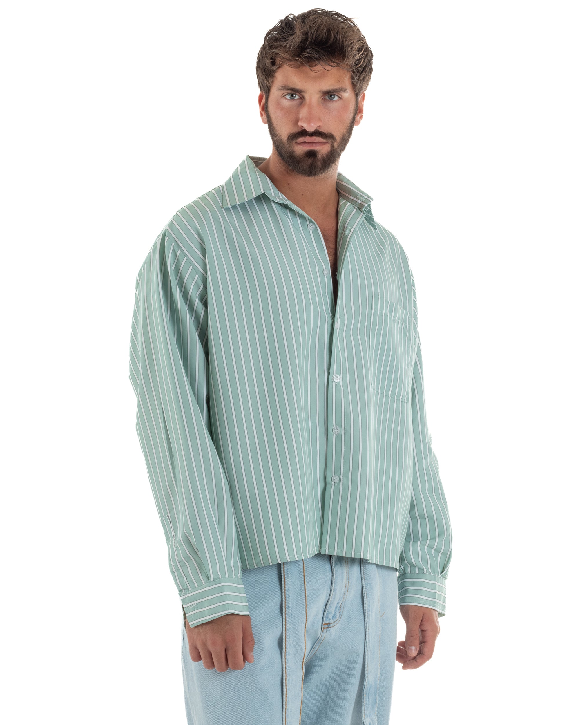 Camicia uomo unisex crop long sleeve boxy fit rigata verde GIOSAL-C3079A