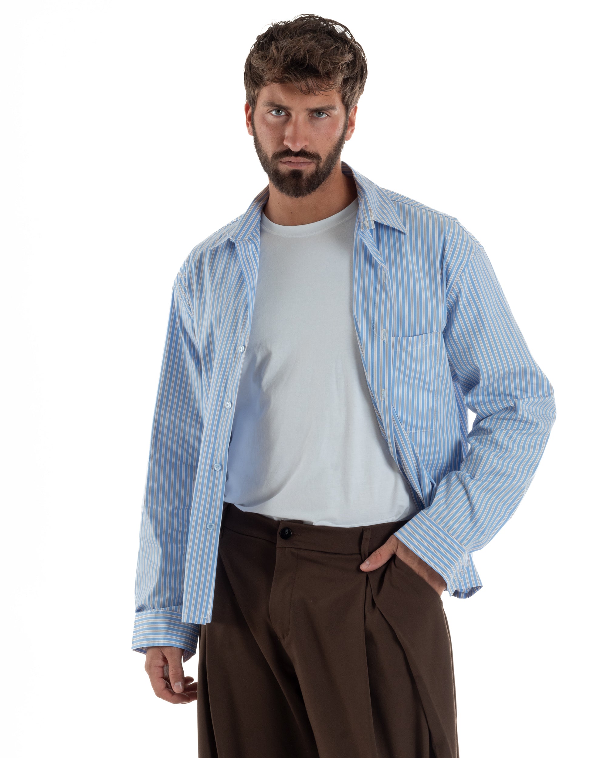 Camicia uomo unisex crop long sleeve boxy fit rigata celeste GIOSAL-C3081A