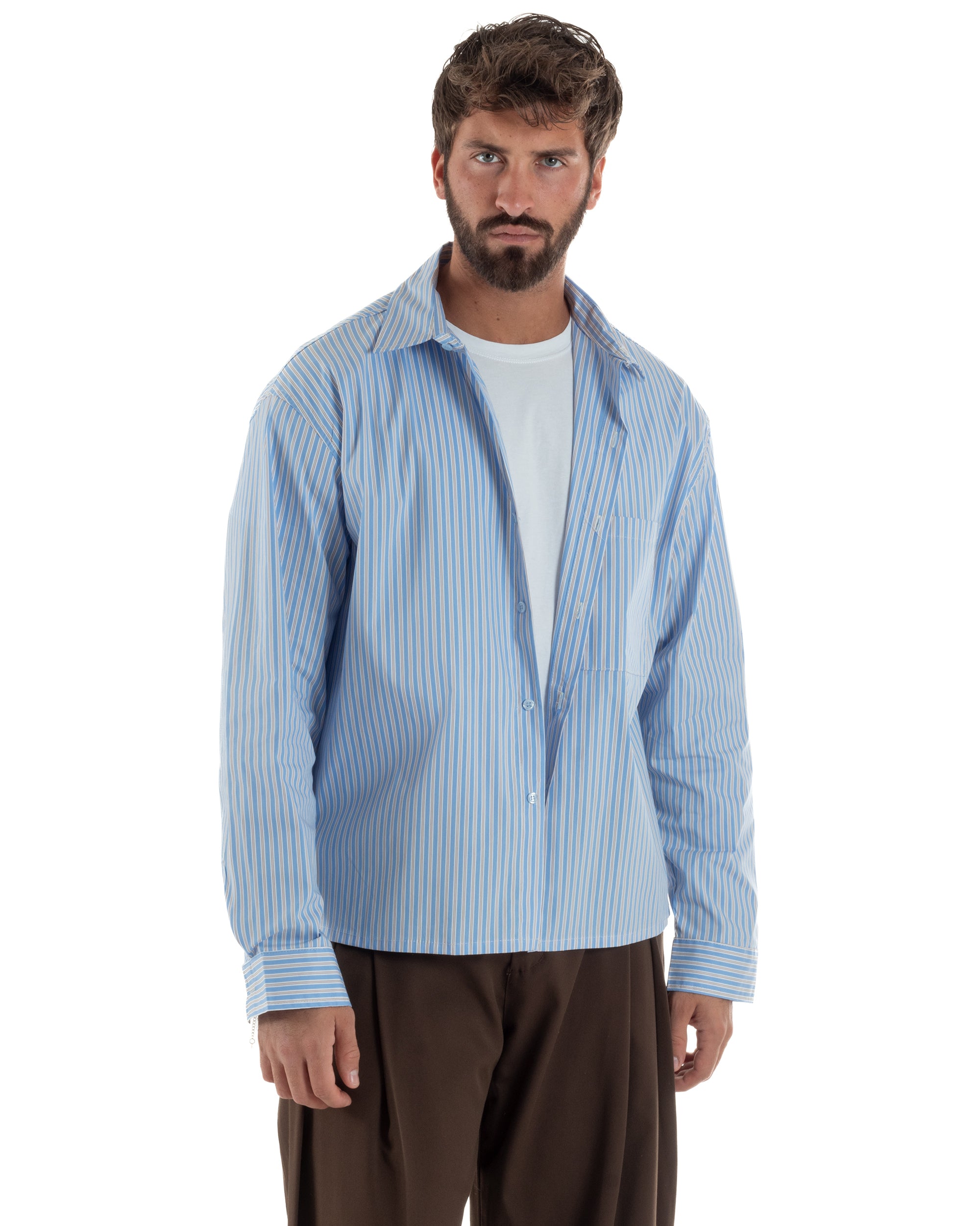 Camicia uomo unisex crop long sleeve boxy fit rigata celeste GIOSAL-C3081A