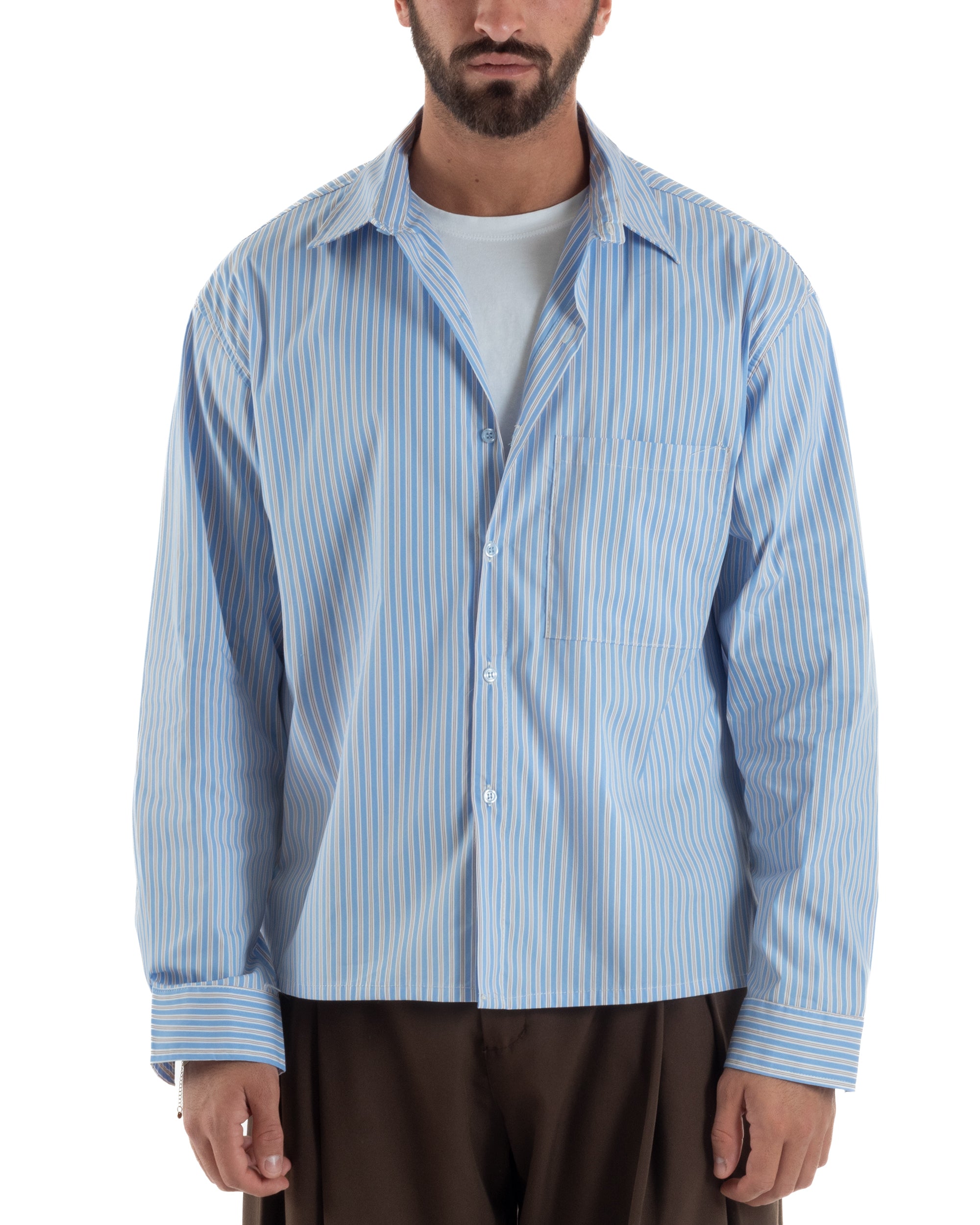Camicia uomo unisex crop long sleeve boxy fit rigata celeste GIOSAL-C3081A