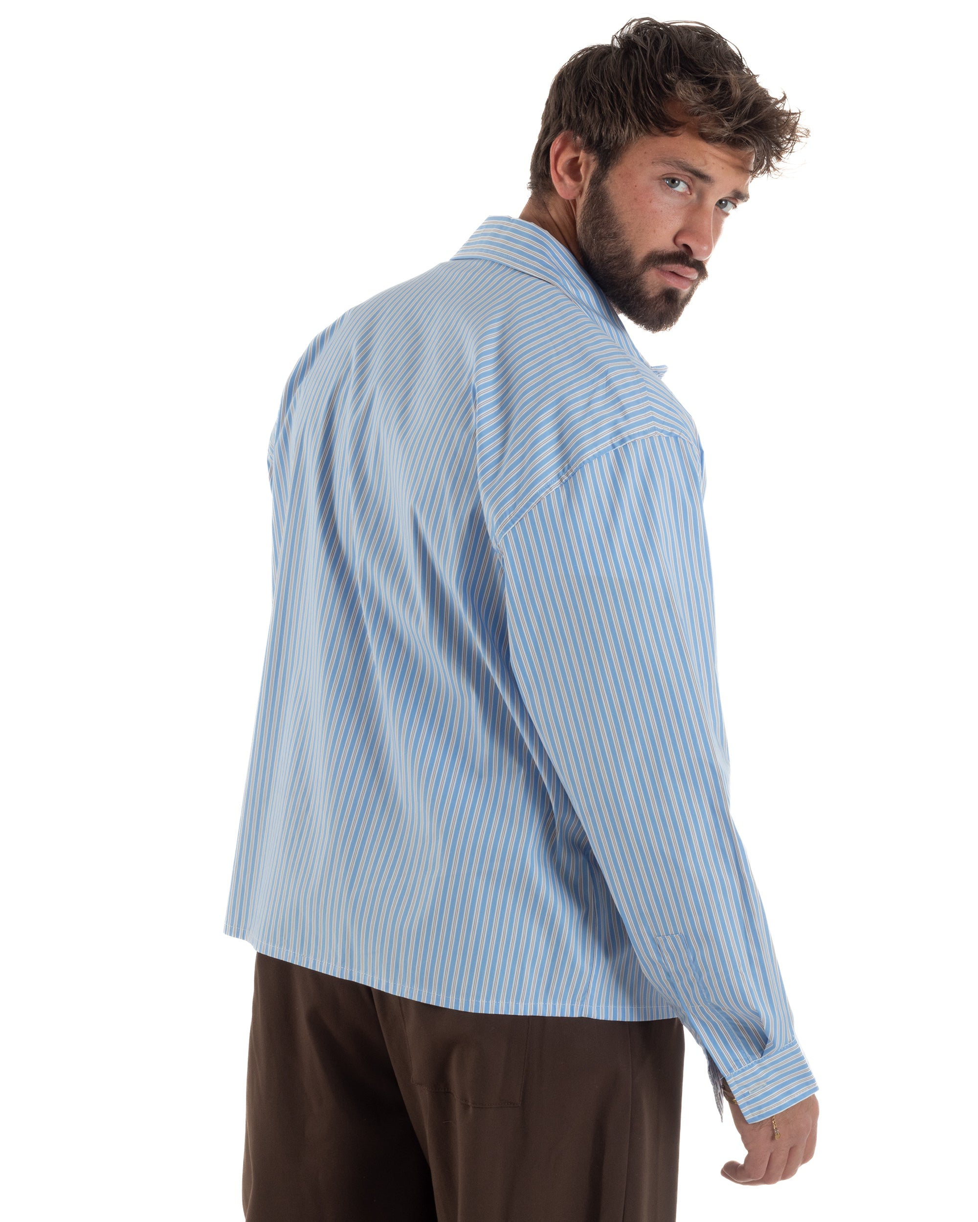 Camicia uomo unisex crop long sleeve boxy fit rigata celeste GIOSAL-C3081A