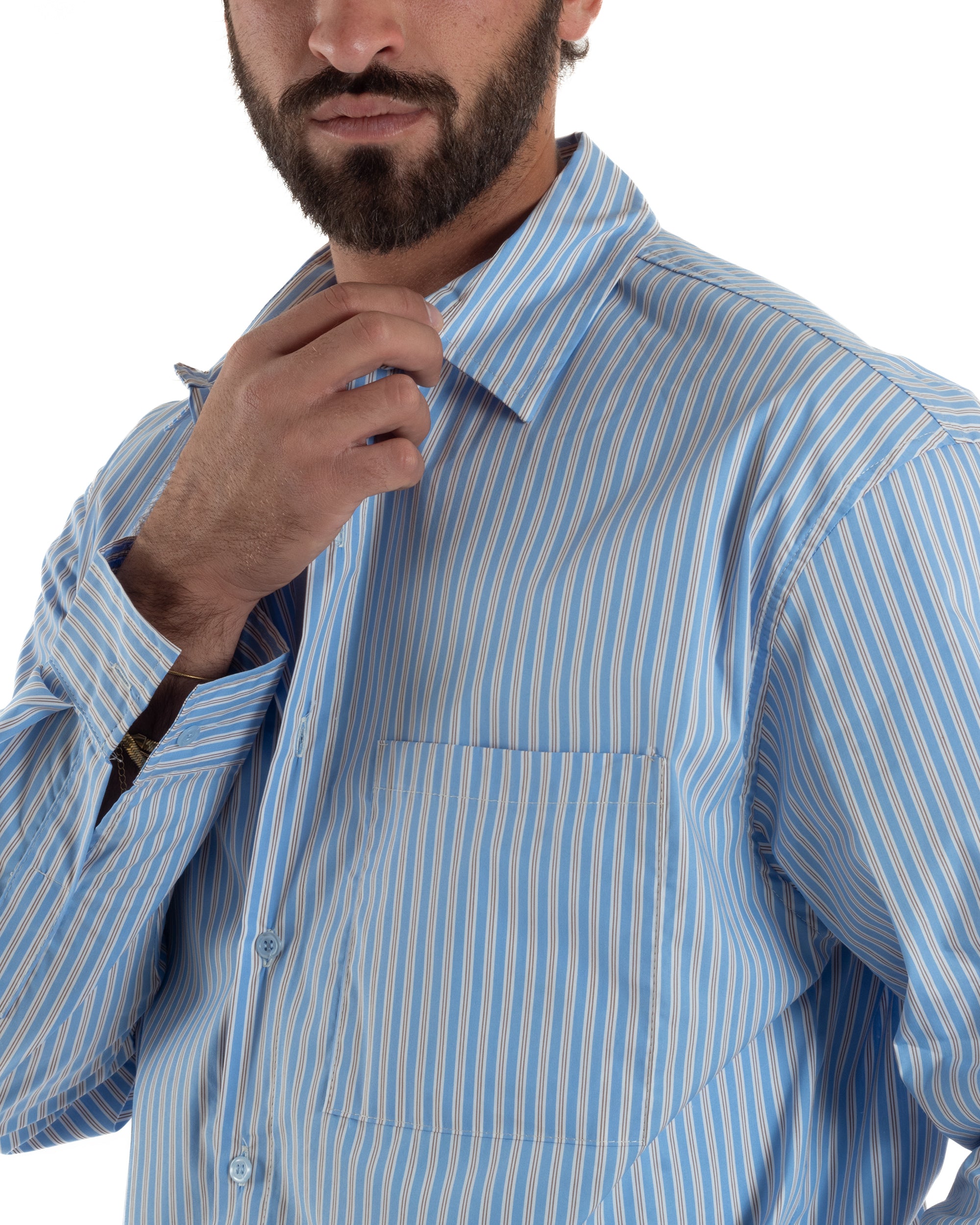 Camicia uomo unisex crop long sleeve boxy fit rigata celeste GIOSAL-C3081A