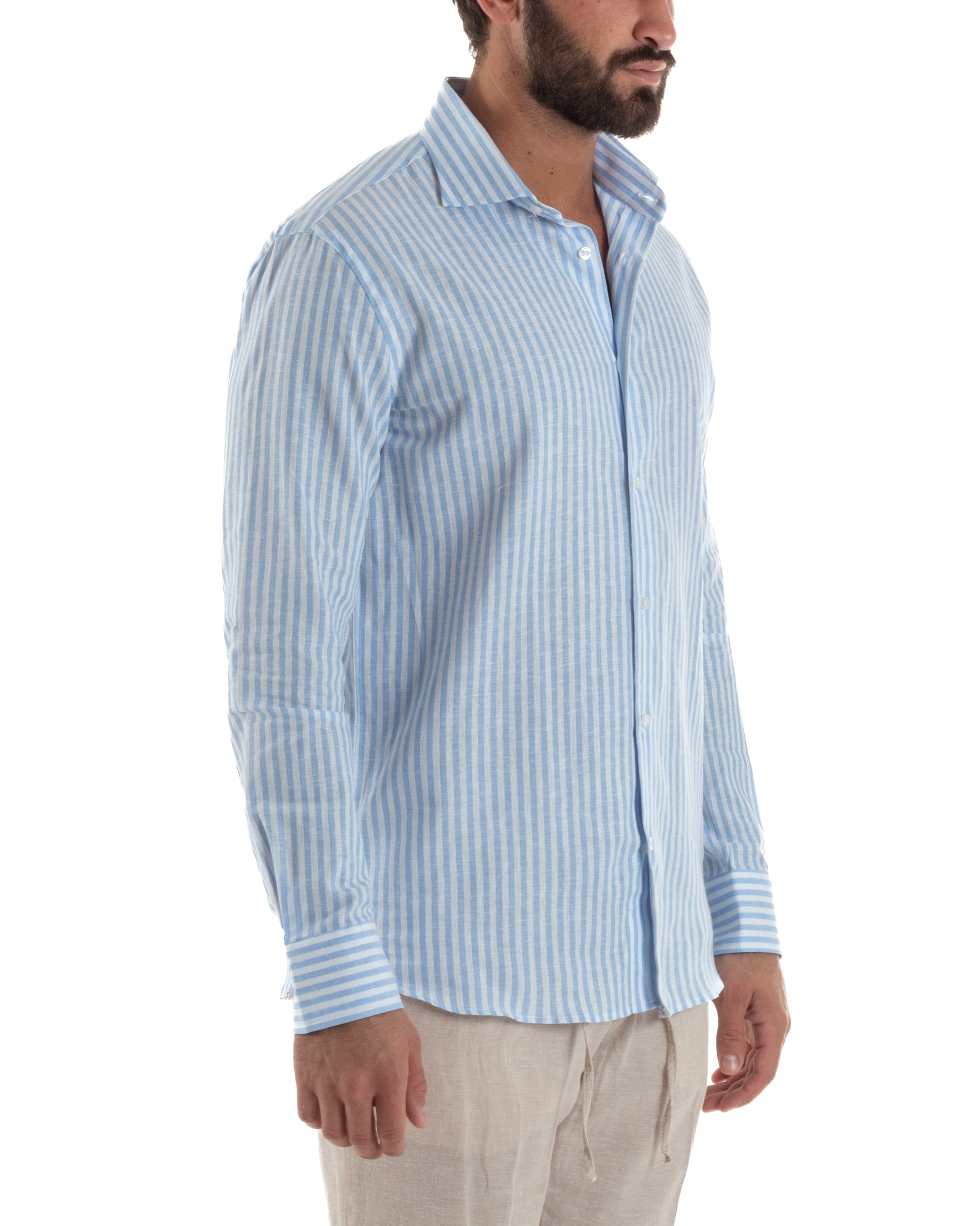 Camicia uomo collo francese sartoriale lino rigata stretta celeste GIOSAL-C3085A