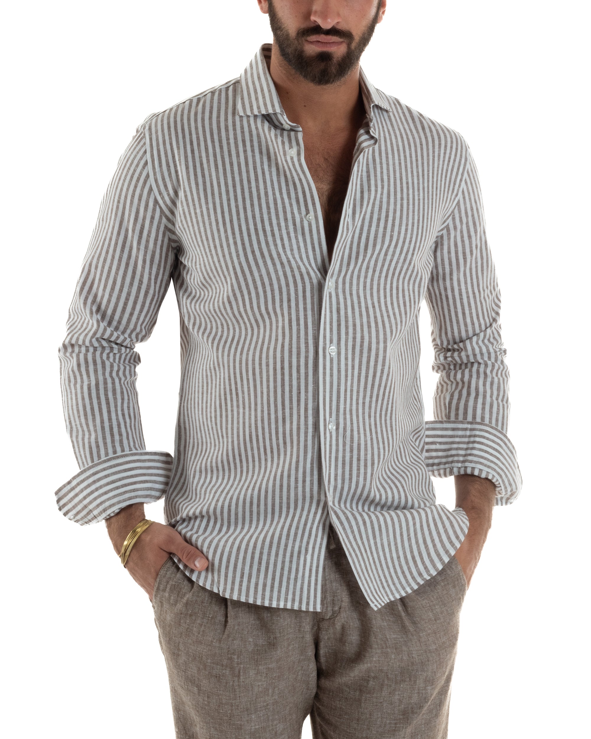 Camicia uomo collo francese sartoriale lino rigata stretta marrone GIOSAL-C3086A