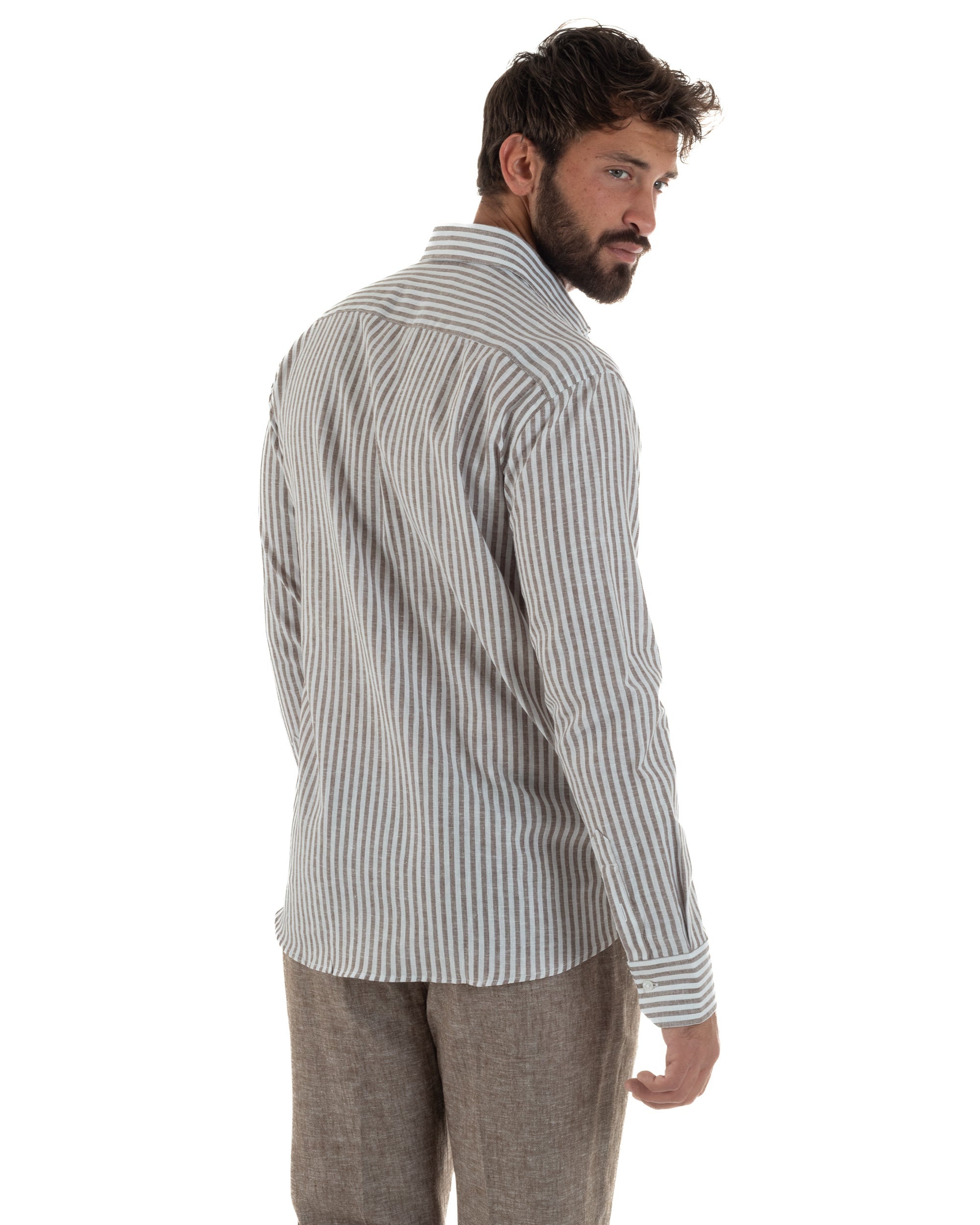 Camicia uomo collo francese sartoriale lino rigata stretta marrone GIOSAL-C3086A