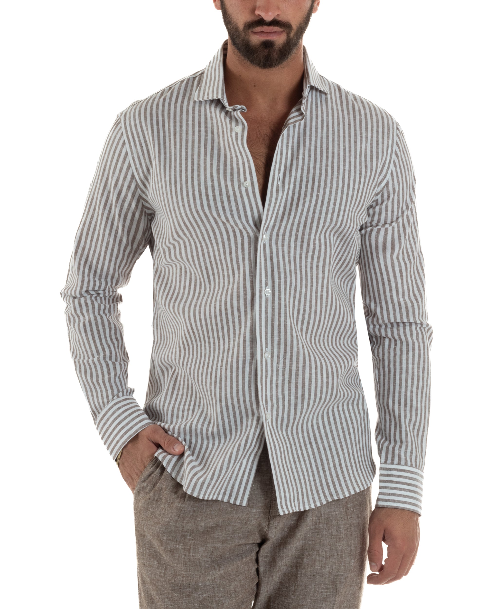 Camicia uomo collo francese sartoriale lino rigata stretta marrone GIOSAL-C3086A