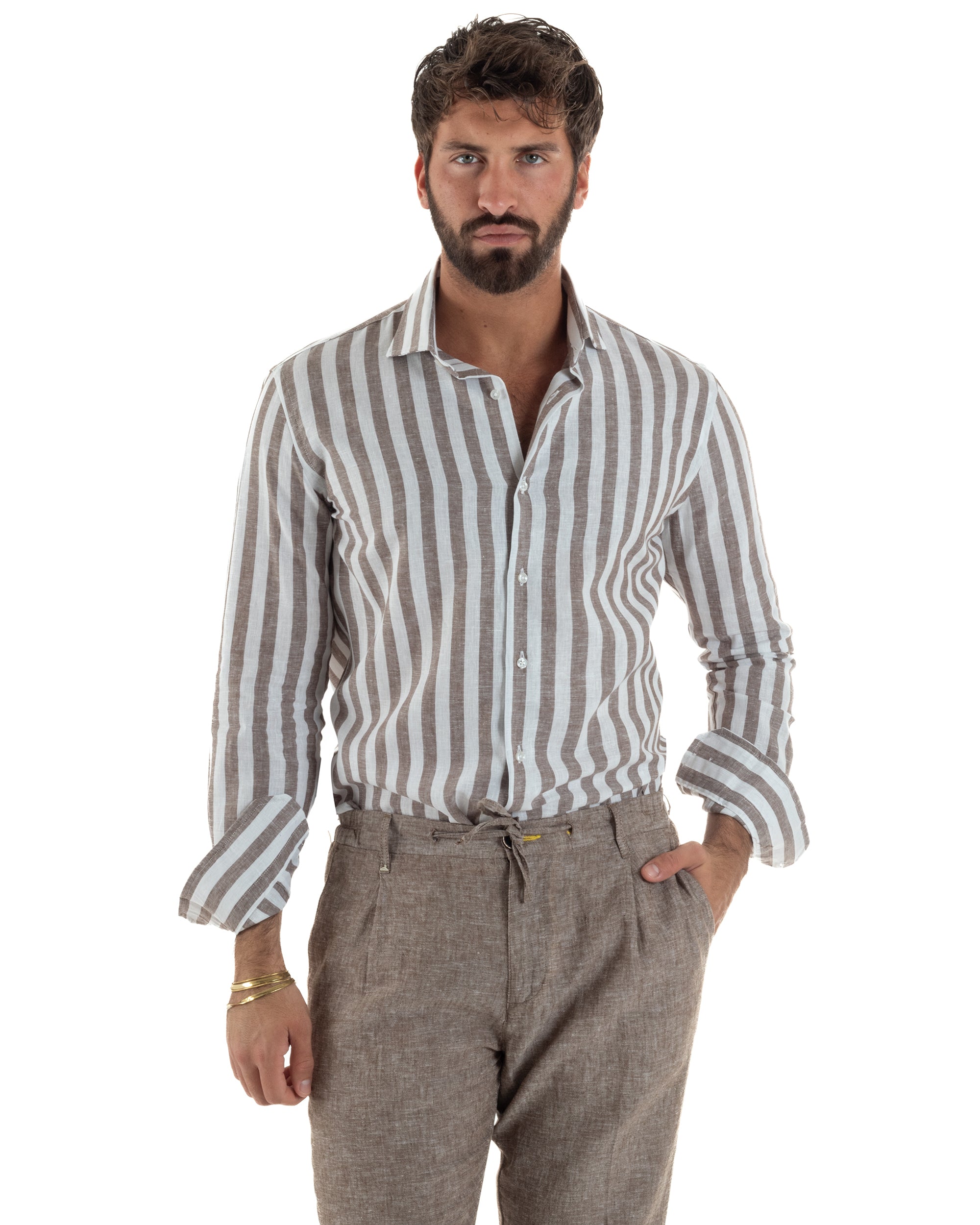 Camicia uomo lino collo francese rigata larga marrone GIOSAL-C3087A