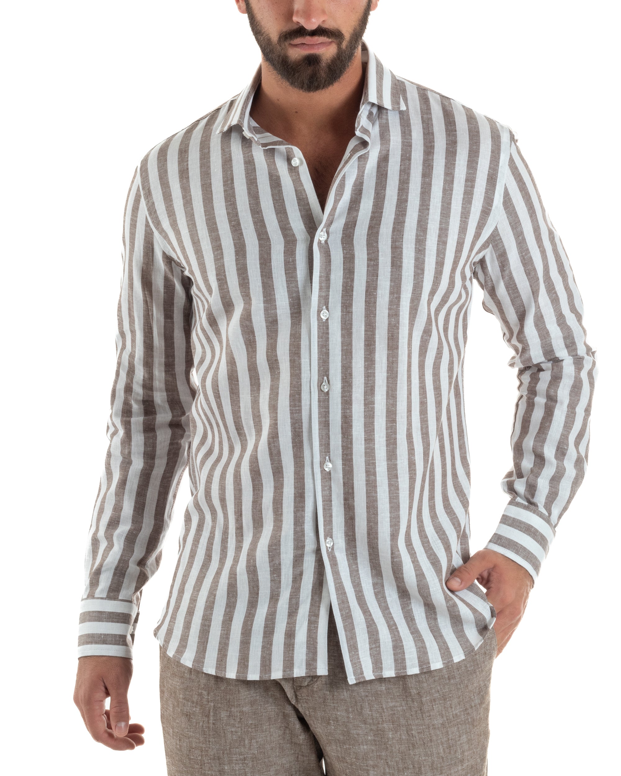 Camicia uomo lino collo francese rigata larga marrone GIOSAL-C3087A