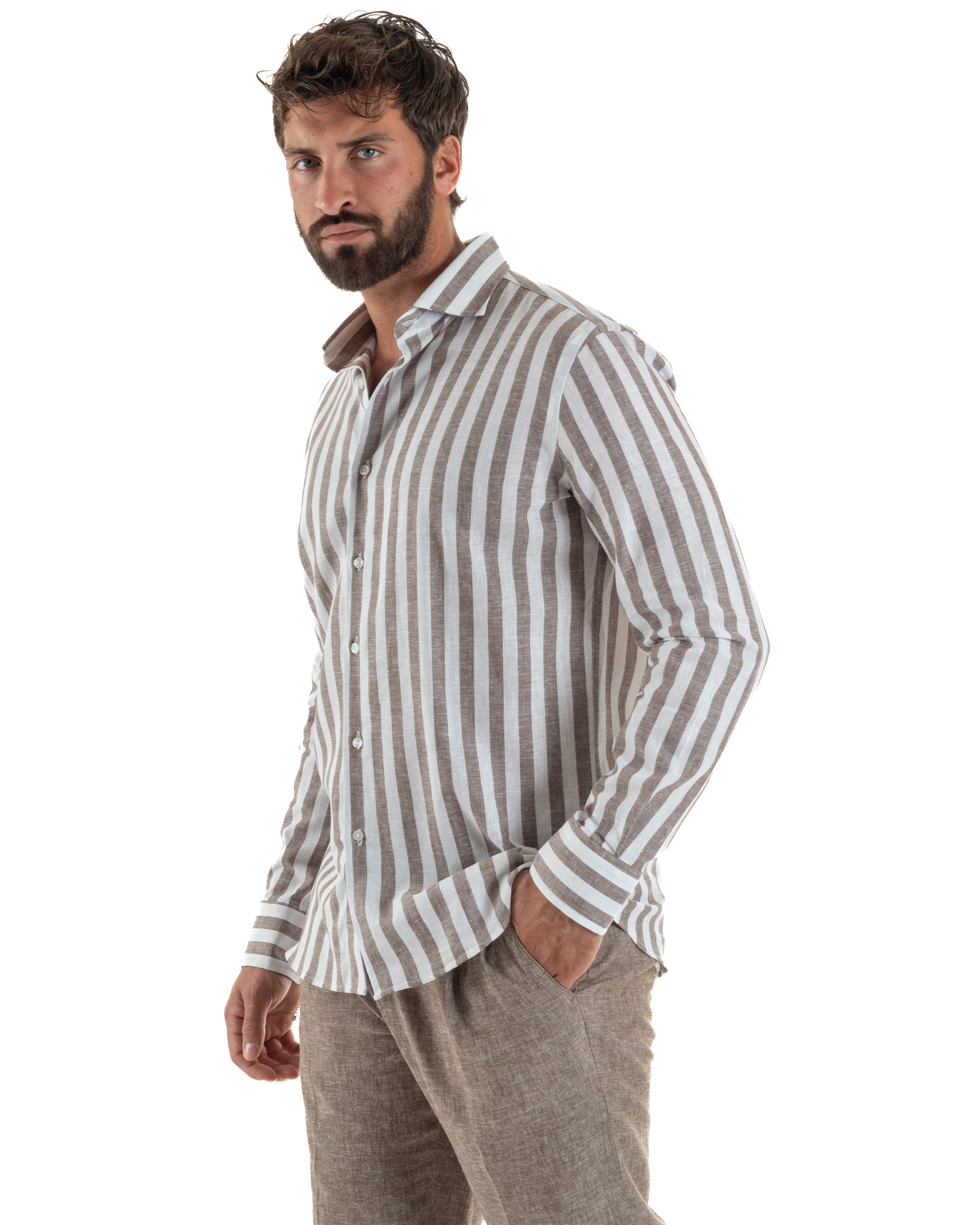 Camicia uomo lino collo francese rigata larga marrone GIOSAL-C3087A