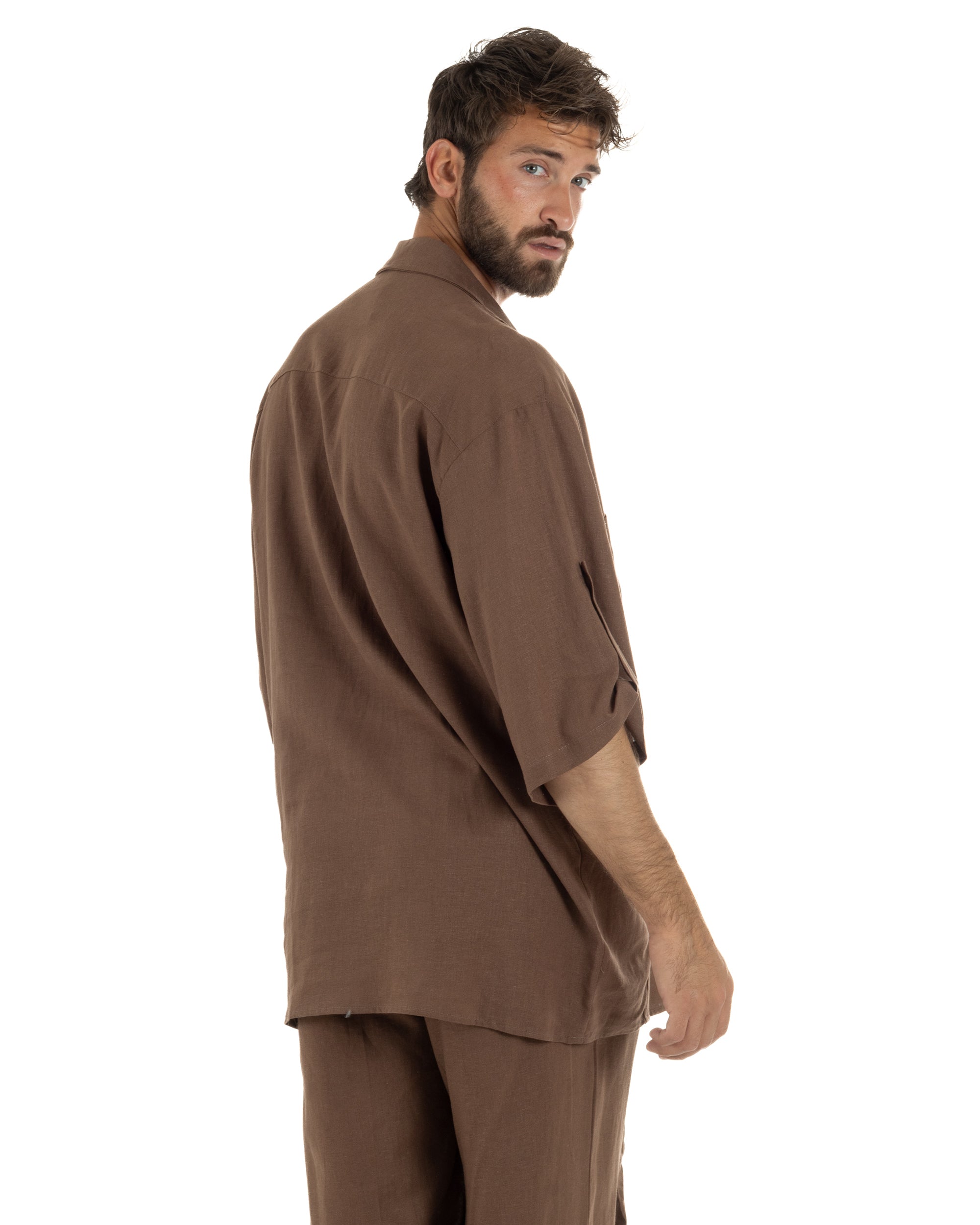 Camicia lino casacca relaxed fit scollo v marrone GIOSAL-C3090A