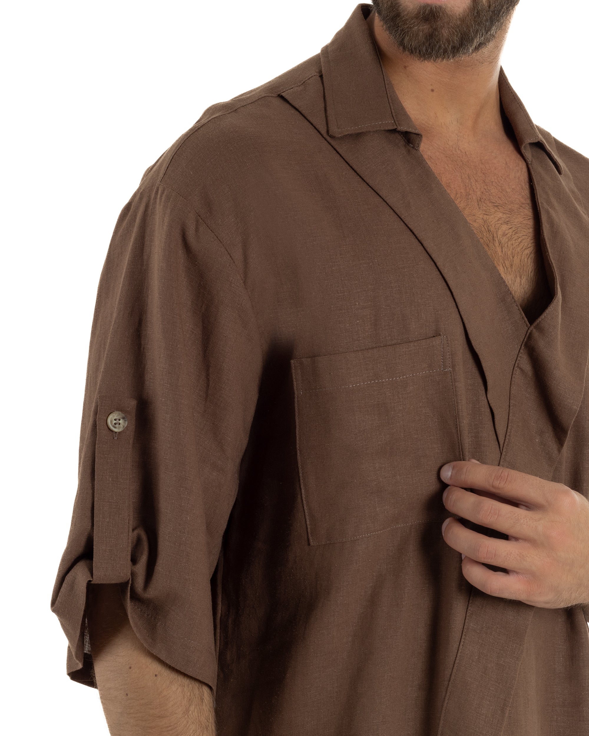 Camicia lino casacca relaxed fit scollo v marrone GIOSAL-C3090A