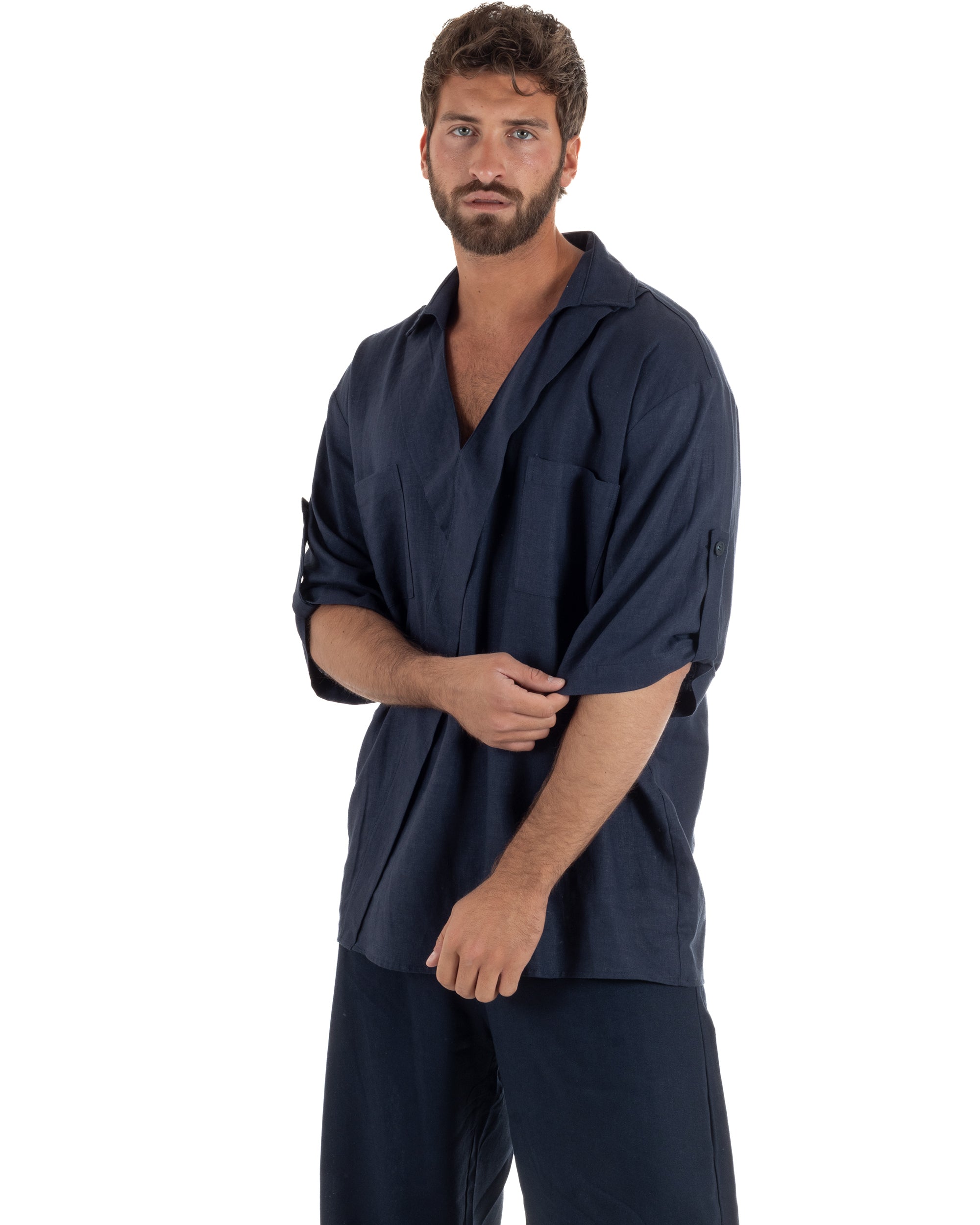 Camicia lino casacca relaxed fit scollo v blu GIOSAL-C3091A