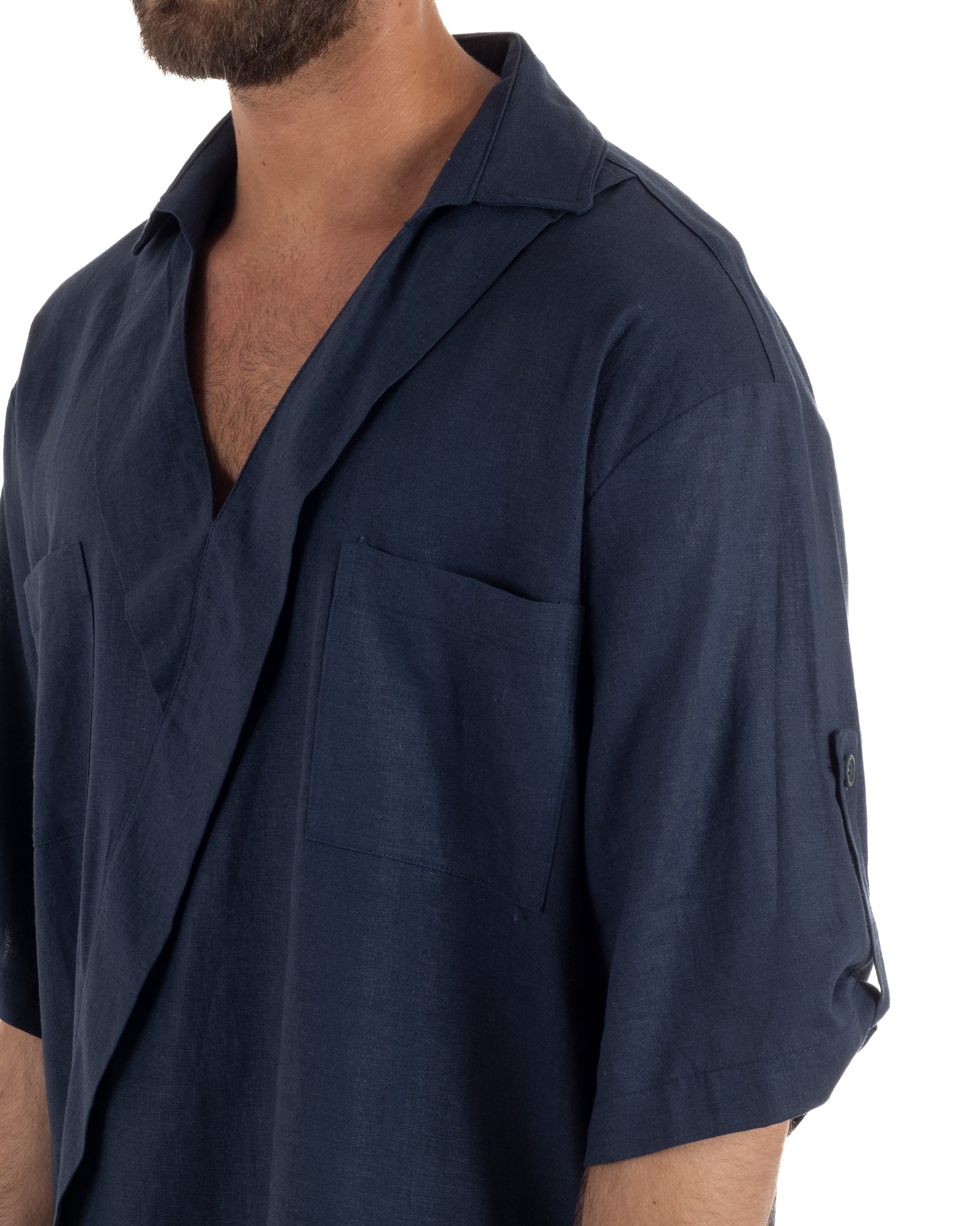 Camicia lino casacca relaxed fit scollo v blu GIOSAL-C3091A