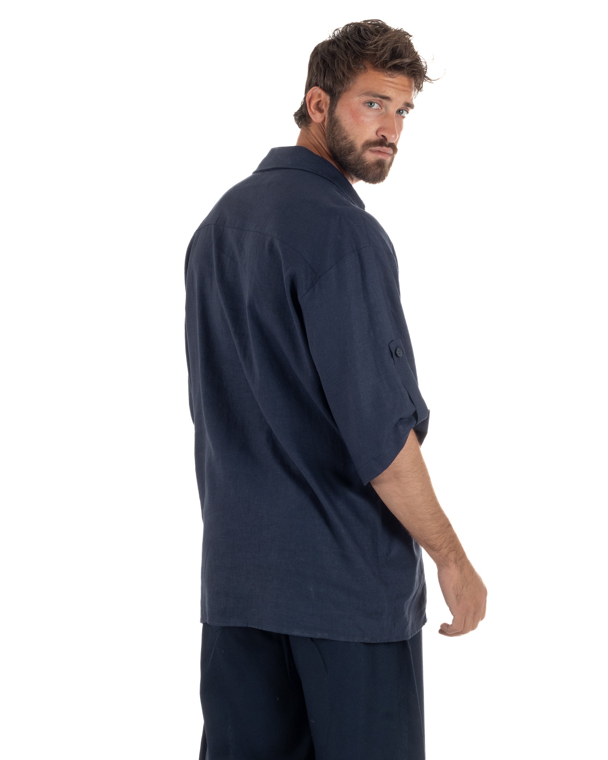 Camicia lino casacca relaxed fit scollo v blu GIOSAL-C3091A