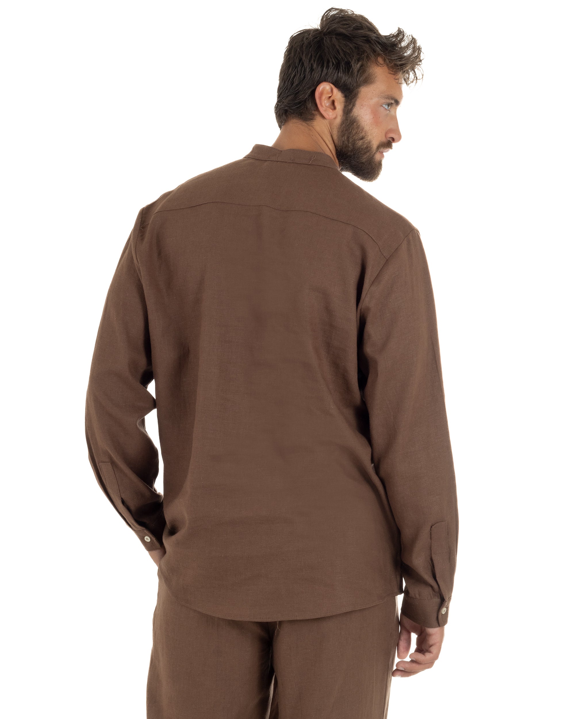 Camicia uomo lino regular fit collo coreano serafino scollo v marrone GIOSAL-C3092A