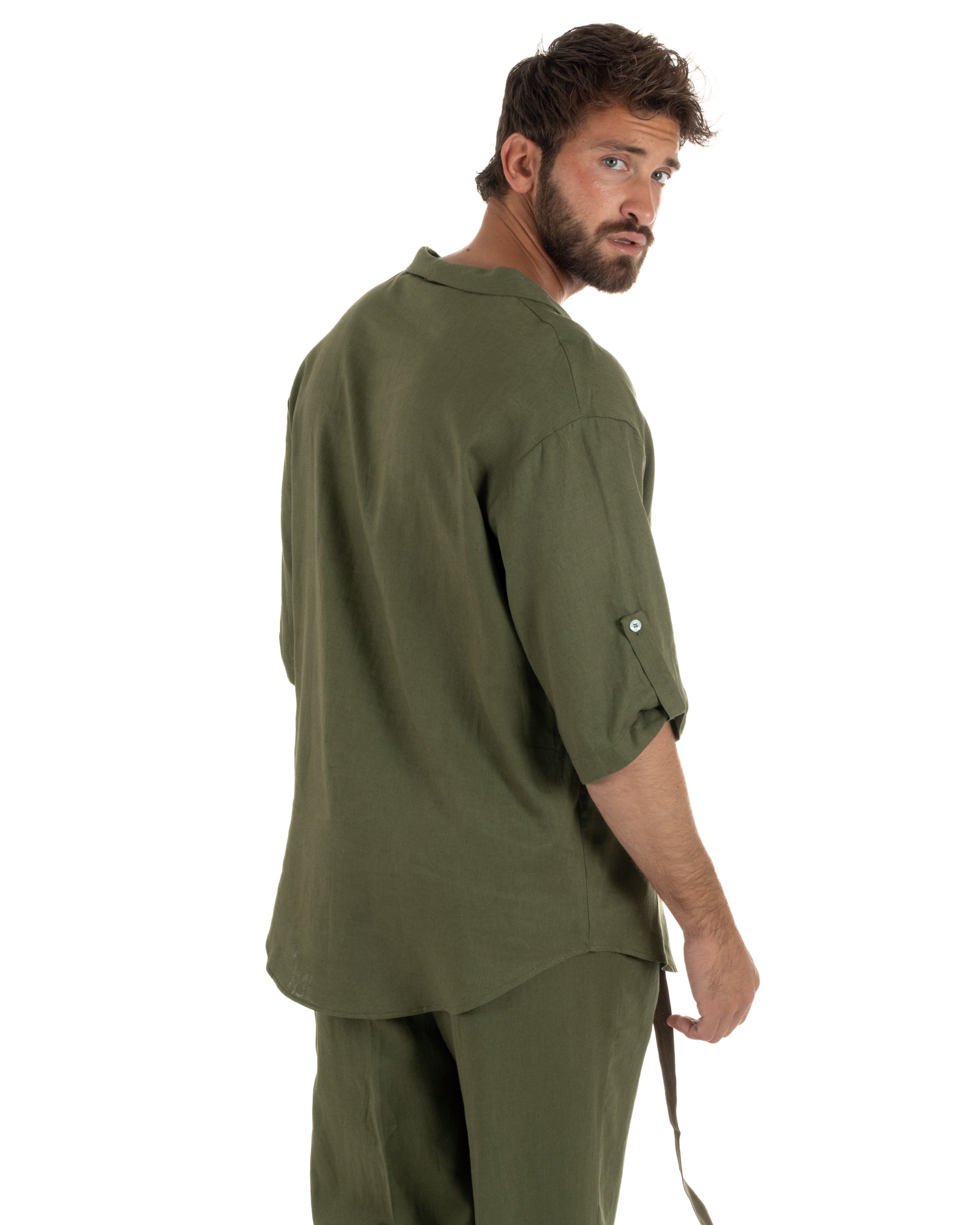 Camicia lino casacca maniche 3/4 scollo lacci verde GIOSAL-C3093A
